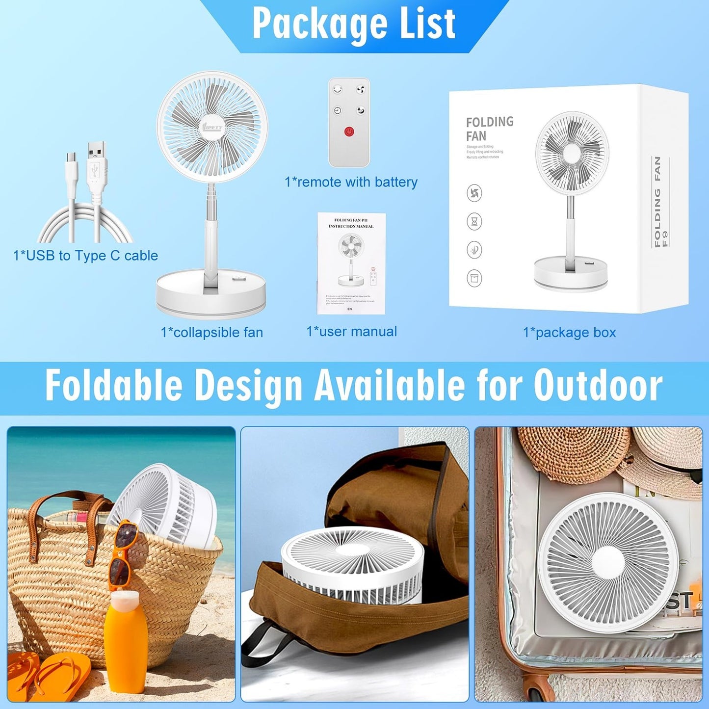Portable Rechargeable 8.6" Oscillating Fan   USB C Battery Operated, Quiet, Fold7