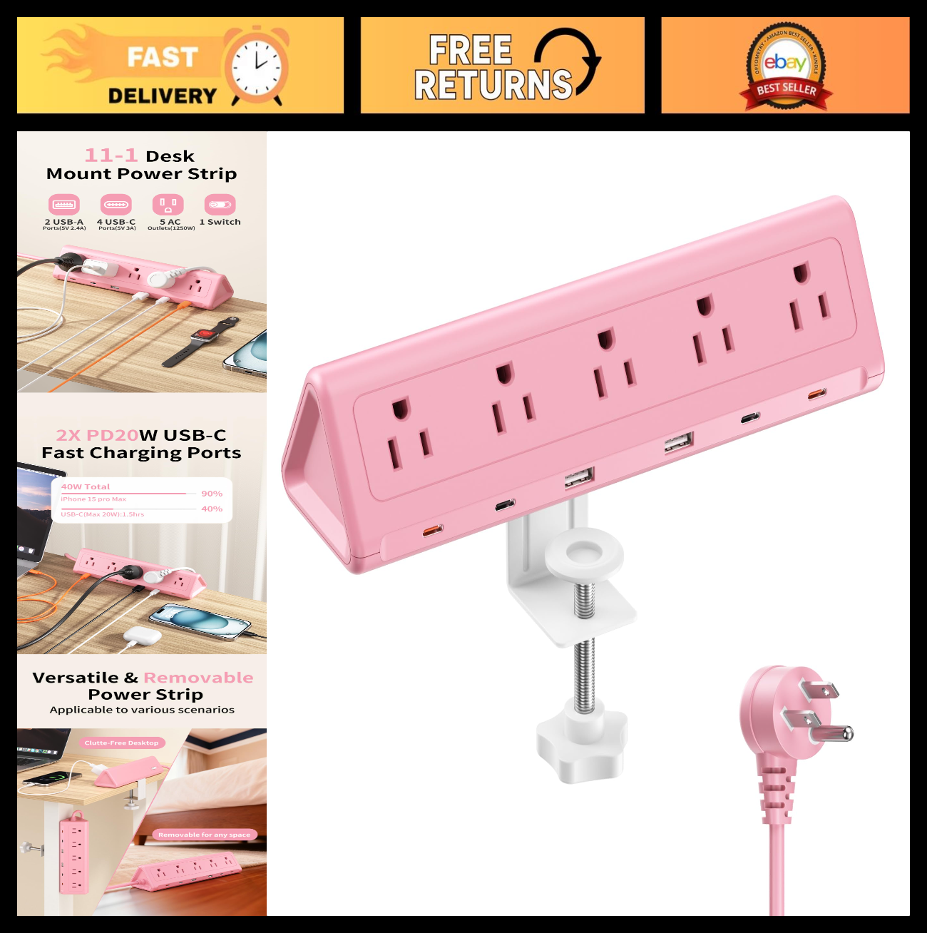6.5FT Desk Clamp Power Strip   5 AC Outlets, 6 USB Ports, PD 40W Fast Charging,0