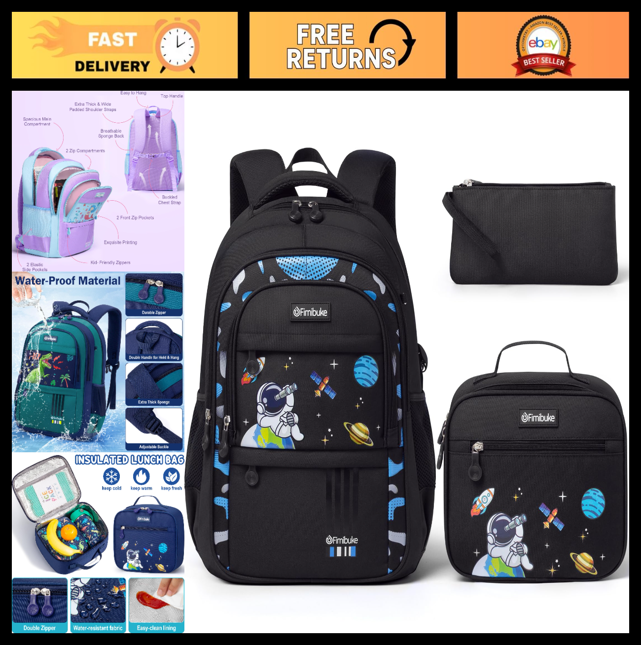 Kids Waterproof Space Backpack with Lunch Box Set   Boys School Bag, Travel Gear0