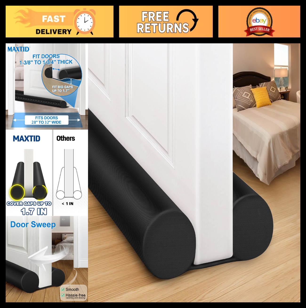 32" Door Draft Blocker   Weather Stripping, Cold Air & Noise Stopper, Black Seal0