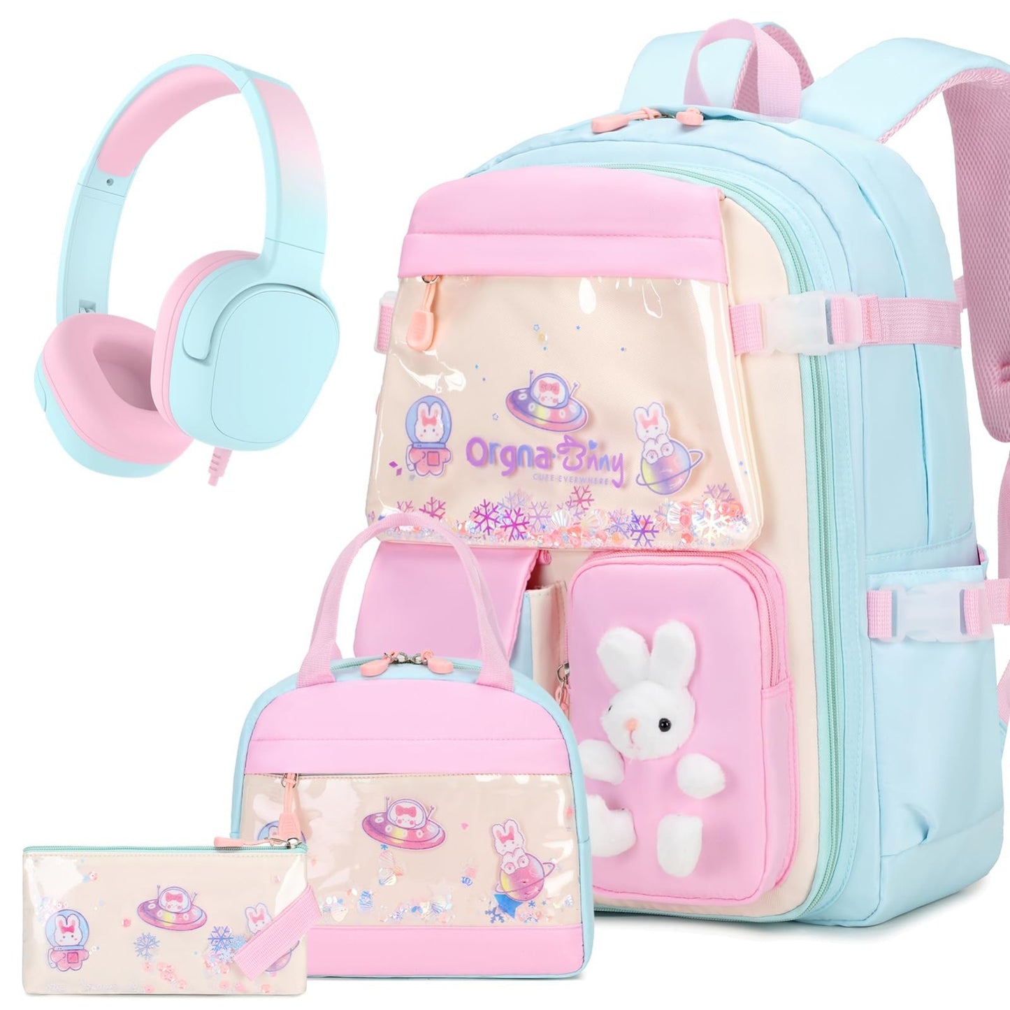 4PCS Kawaii Bunny Girls Backpack Set, Kids School Bag with Headphones, Lunch Box1