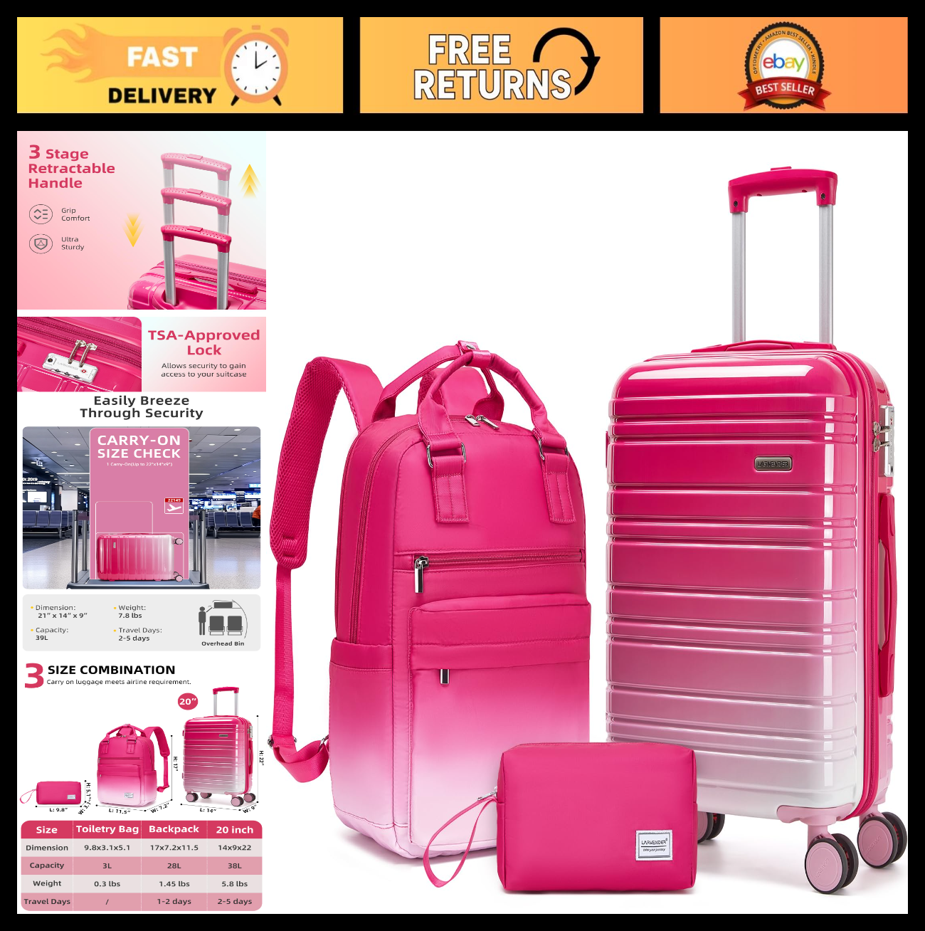3-Piece Carry-On Luggage Set, 20" Hardshell Suitcases, TSA Lock, Smooth Wheels,0