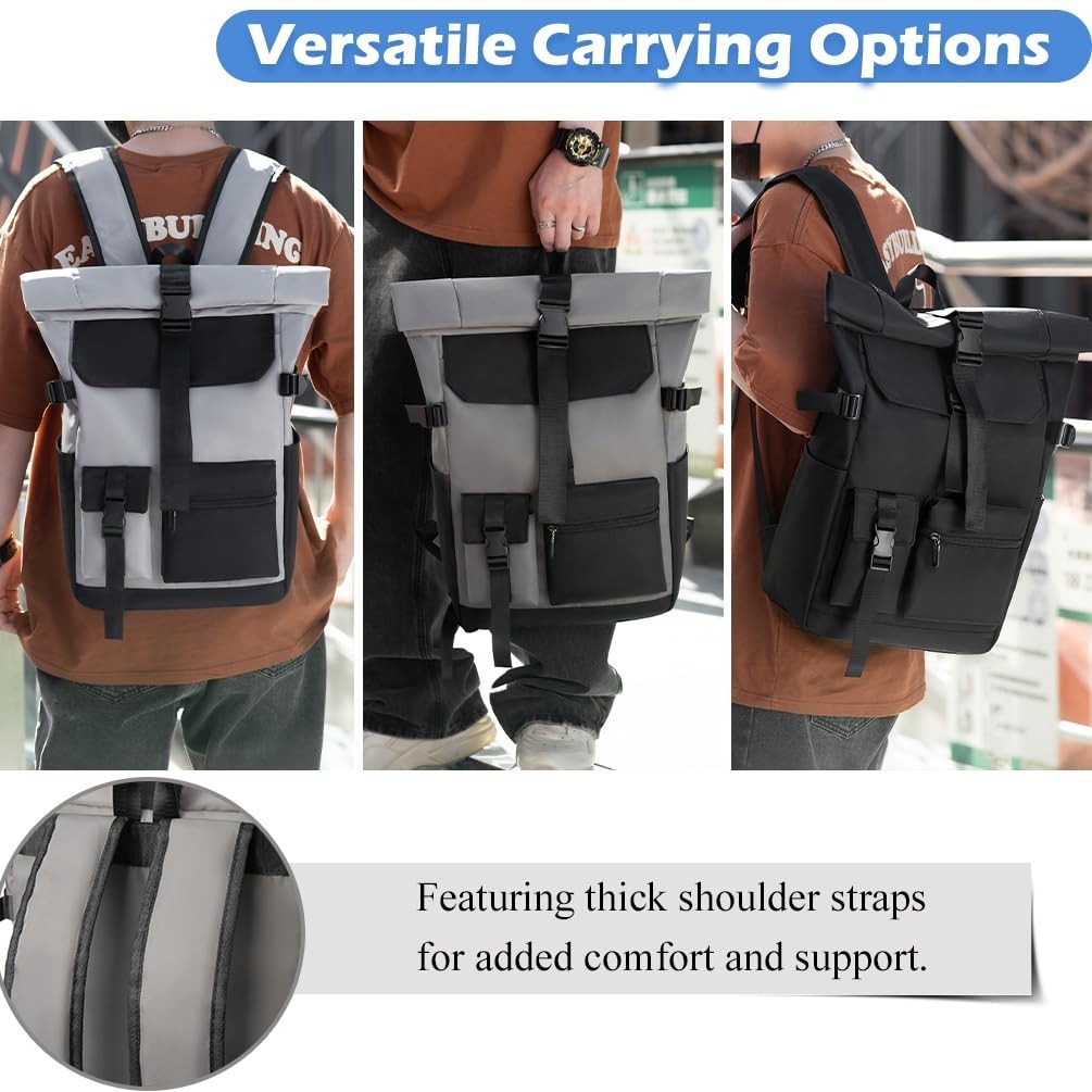 Lightweight Roll Top Travel Backpack, Versatile Daily Work Bag, Multiple Pockets3