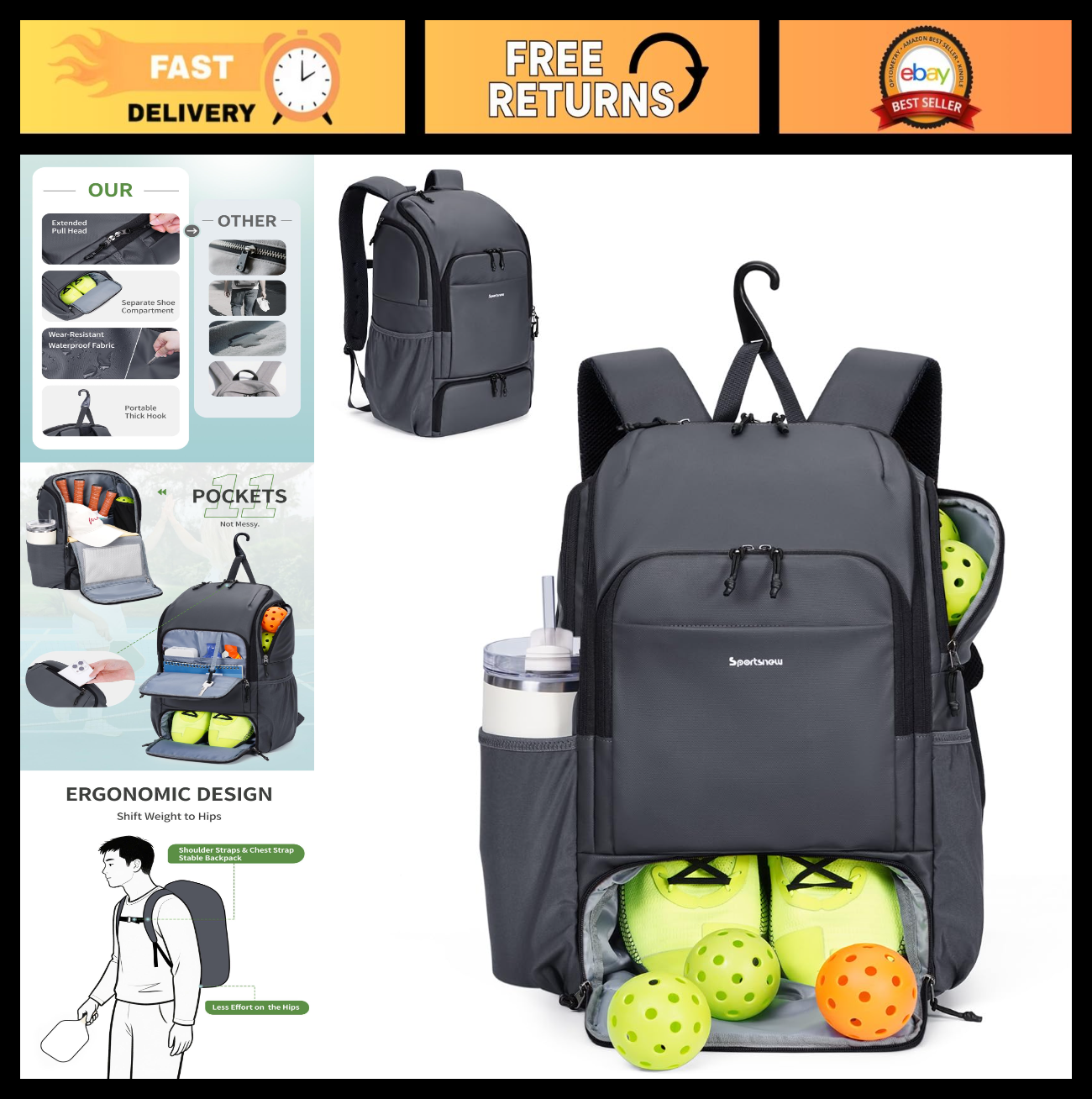 Waterproof Pickleball Bag with Shoe Compartment & Fence Hook | 30L, 2 Pockets, A0