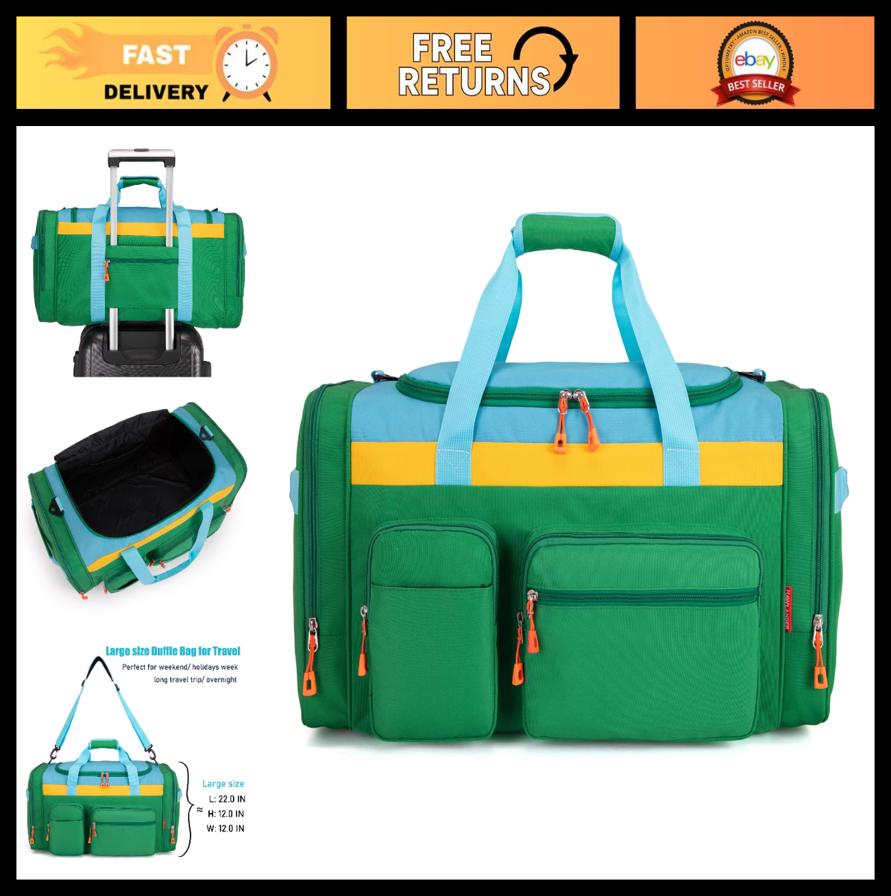 Spacious Kids Duffle Bag for Travel & Weekend Getaways, 22"x12"x12", Durable Pol0