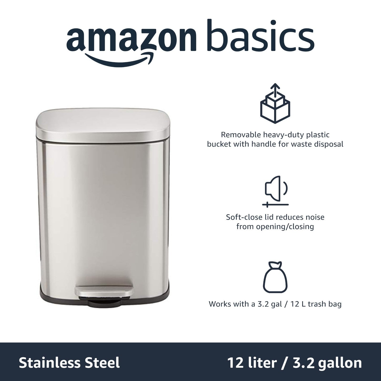Small 3.1 Gallon Trash Can, Smudge Resistant Rectangular Bin, Soft-Close Lid, St3