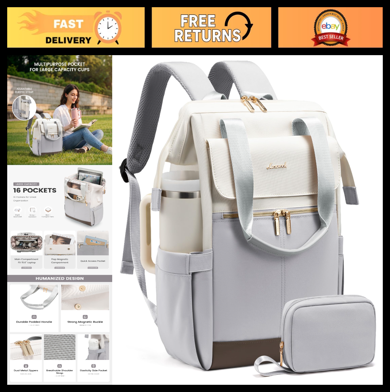 Stylish Women's Laptop Backpack with USB Port, 15.6" Work Bag, Waterproof, 2PCS0