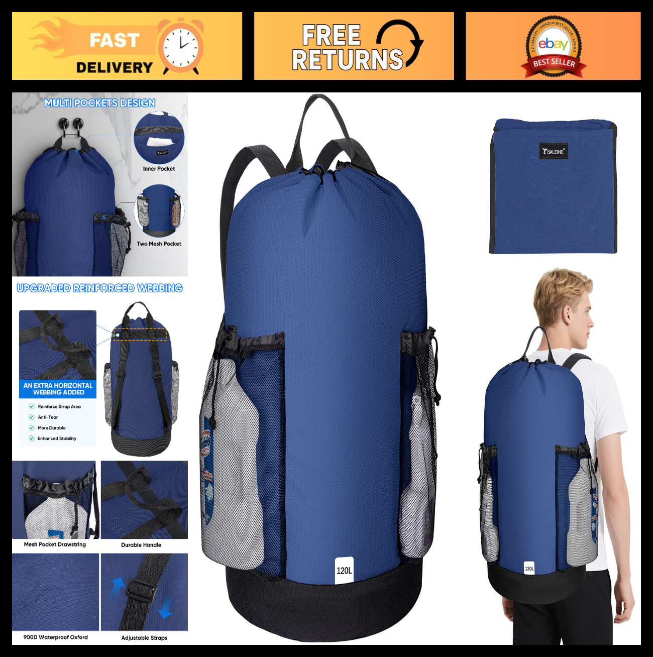 120L Large Laundry Backpack Bag - Durable Oxford Fabric, Mesh Pockets, Ideal for0