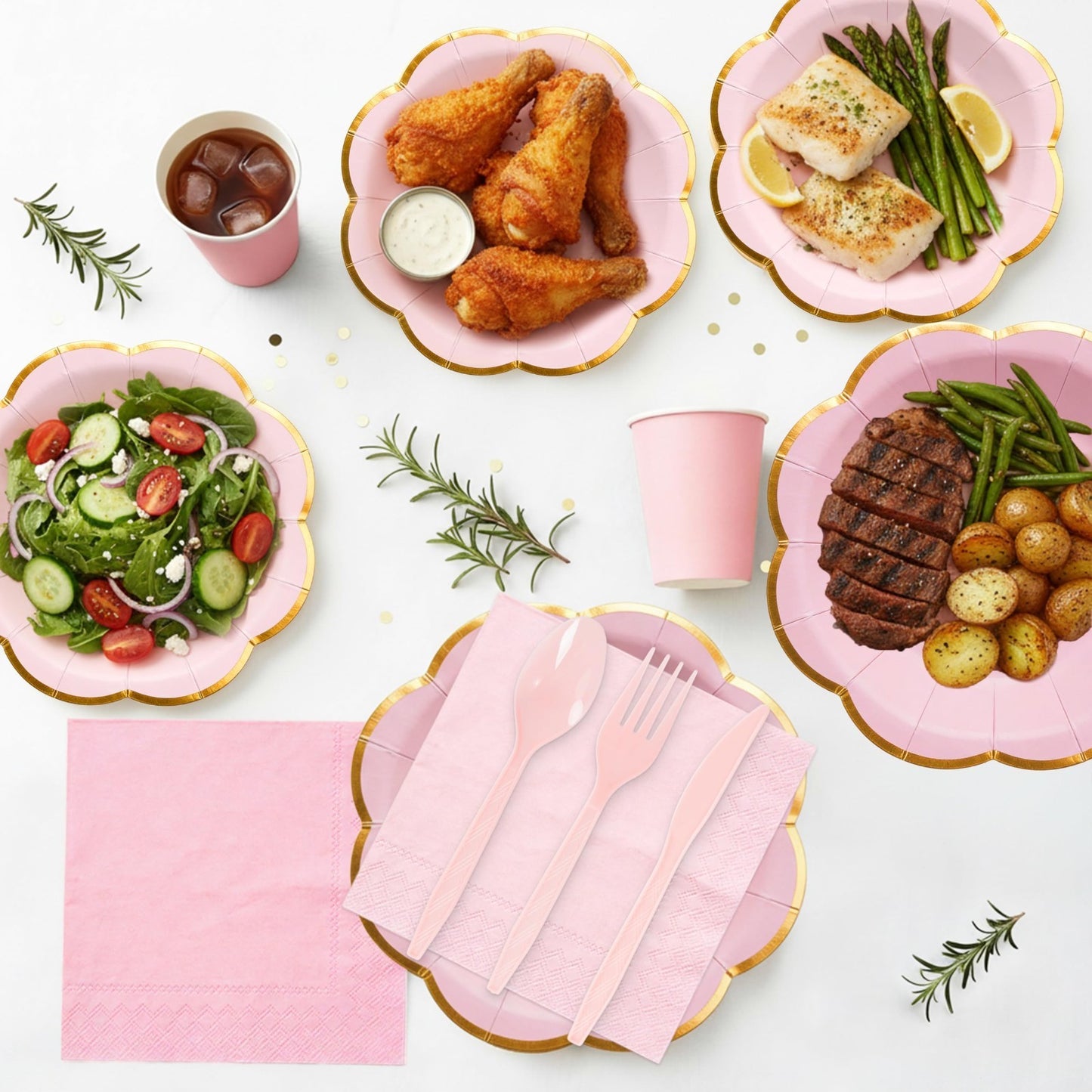 350 Pcs Pink Scalloped Paper Plates & Napkins Set for 50 Guests | Gold Rim Dispo5