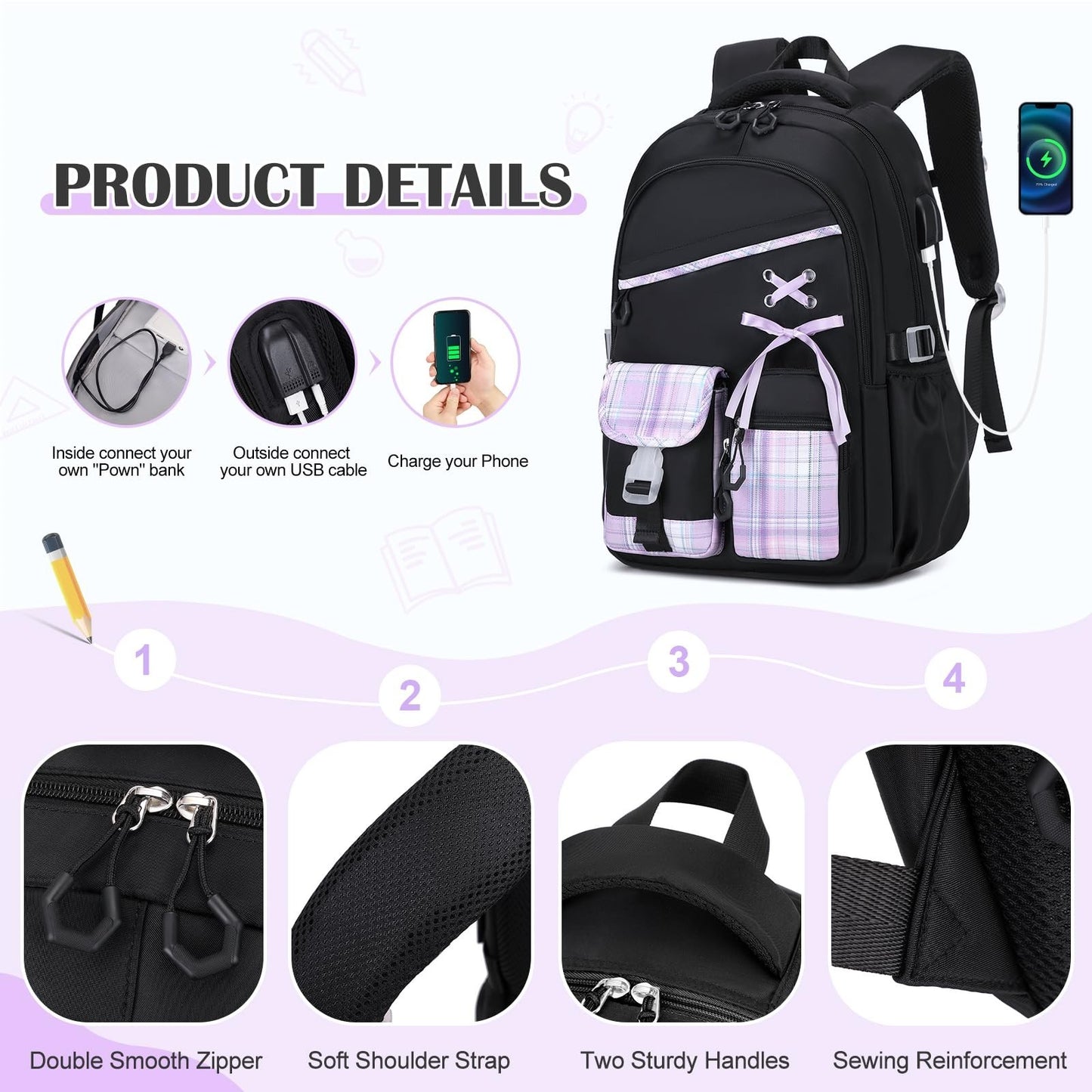 3PCS Girls School Backpack Set with Lunch Box & Pencil Pouch   Stylish & Durable5