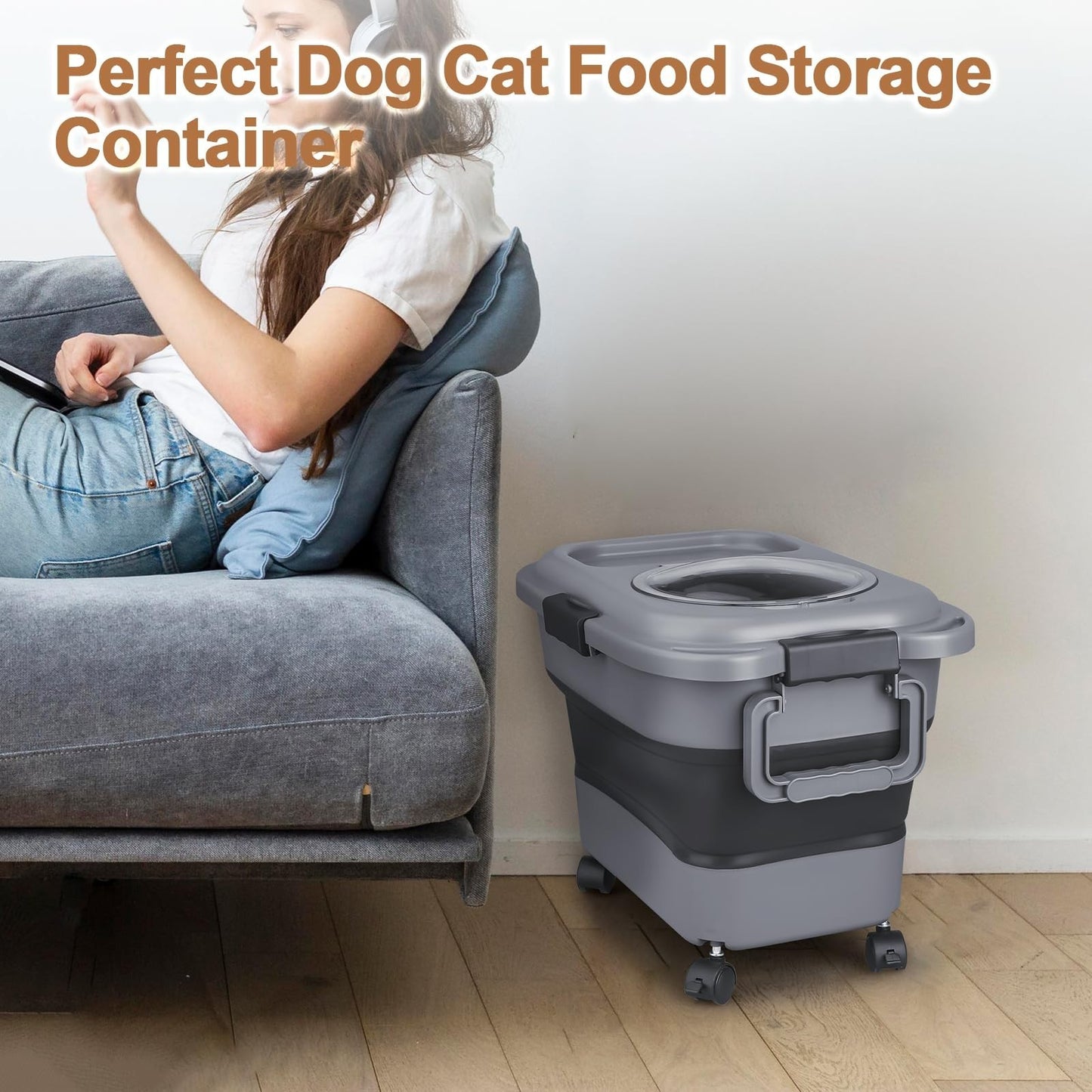 Airtight Dog & Cat Food Storage Container, 23 25 lbs, Collapsible with Wheels &6