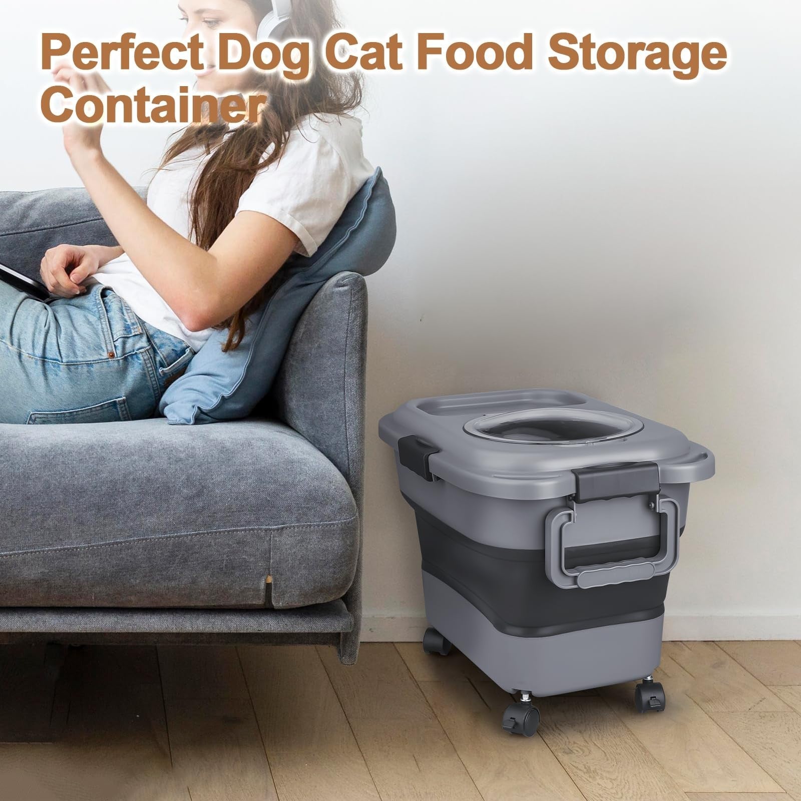 Airtight Dog & Cat Food Storage Container, 23 25 lbs, Collapsible with Wheels &6