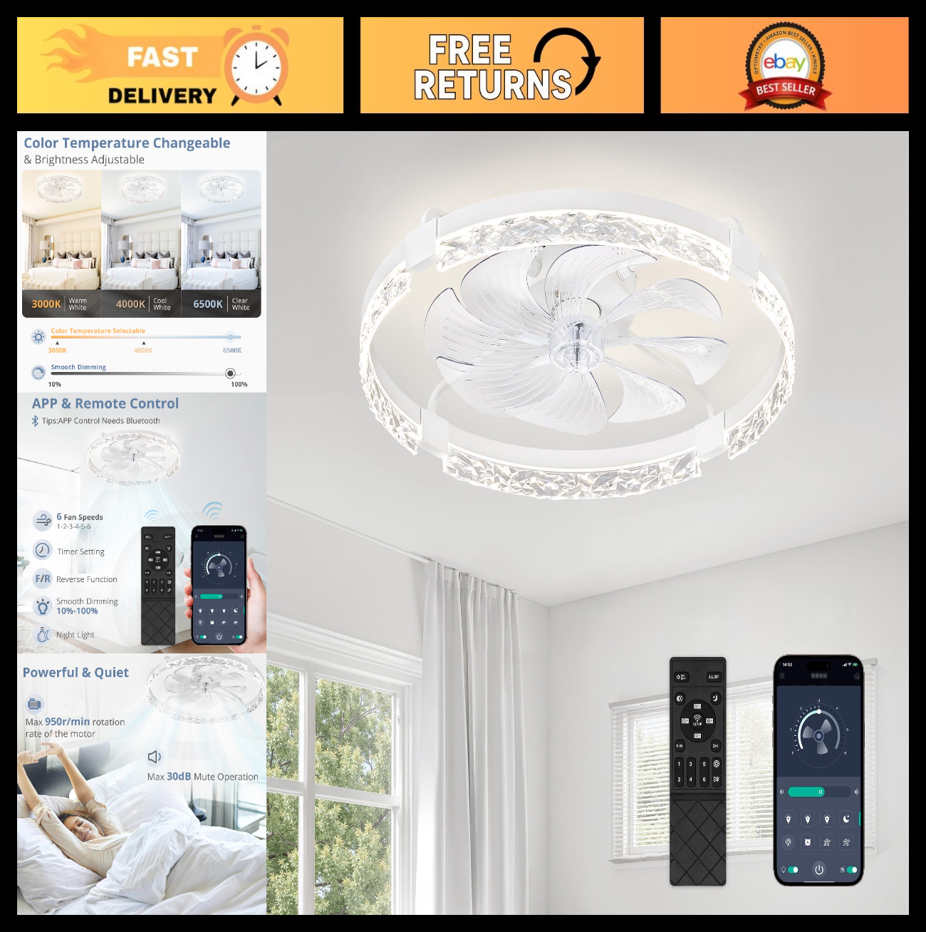 24" LED Ceiling Fan with Lights & Remote | Dimmable, 6 Speeds, Flush Mount, Time0