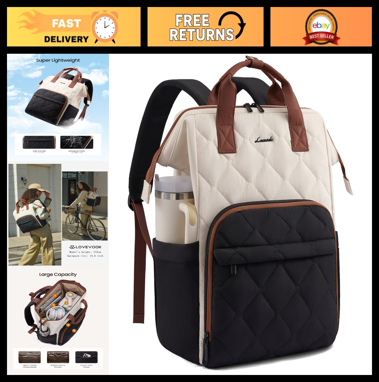 Stylish 17.3" Laptop Backpack for Women   Work, Travel, School Bag   Black/White0