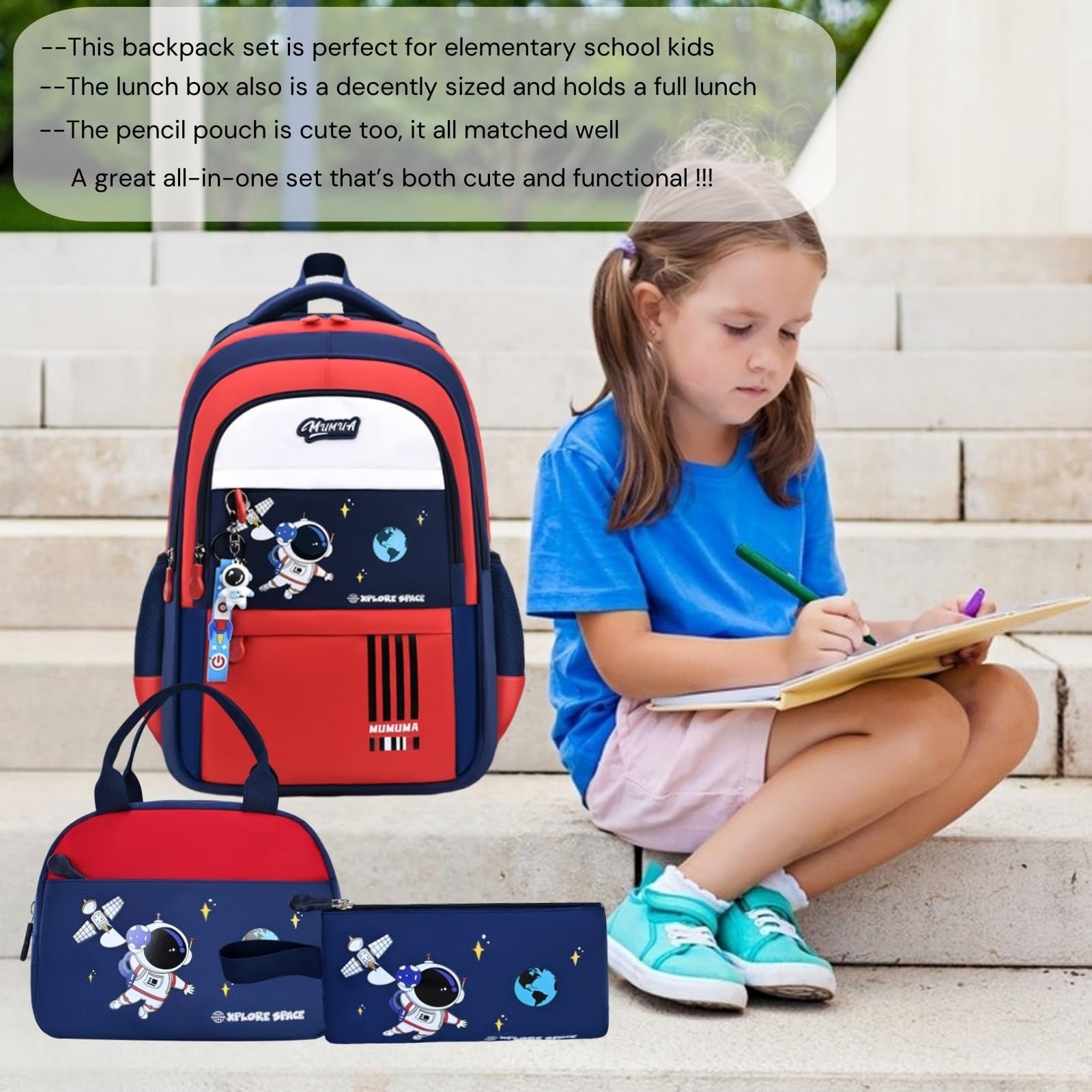 3pcs Kids Backpack Set with Lunch Box   Lightweight Astronaut School Bags for Bo2