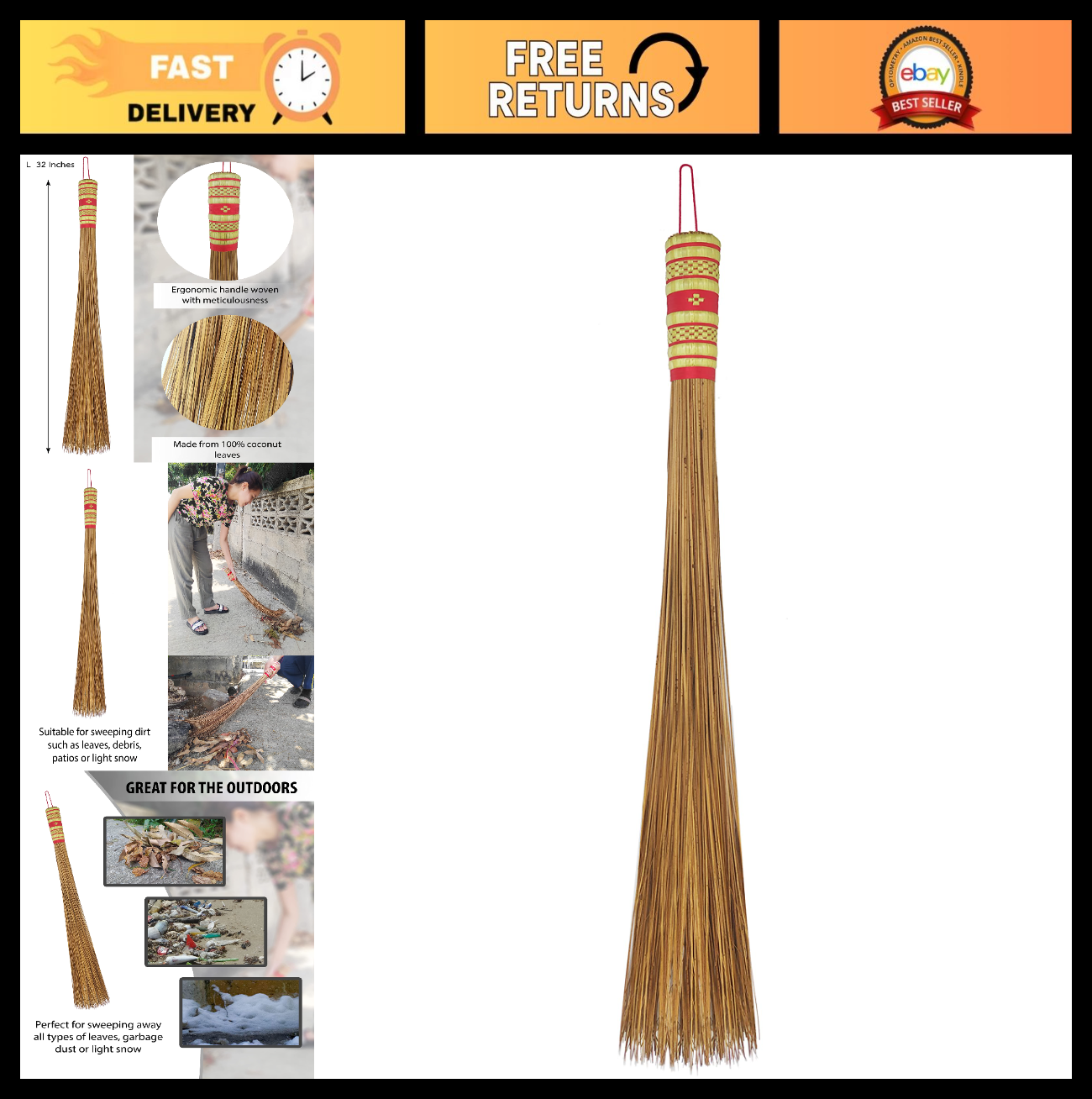 32" Heavy Duty Multi-Surface Coconut Leaf Broom - Sturdy Outdoor Cleaning Tool0