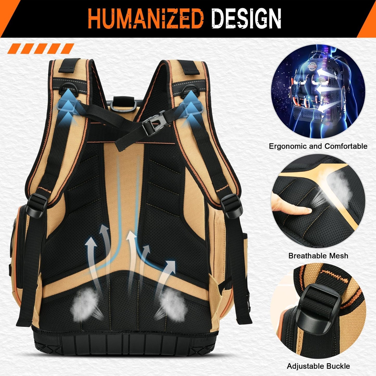 Heavy Duty Tool Backpack 18.5"   56 Pockets, Molded Bottom, Durable Brown Storag4