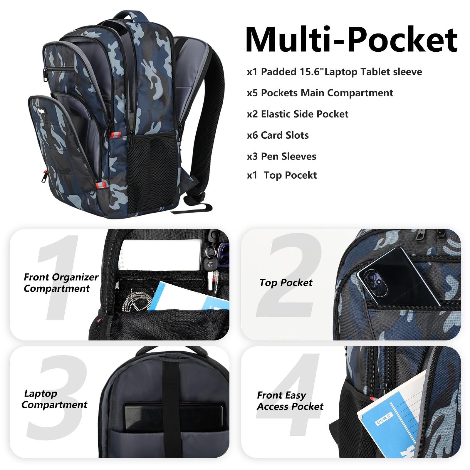 Water Resistant Laptop Backpack for Men & Teens, Fits 15.6", School & Work Bag,2