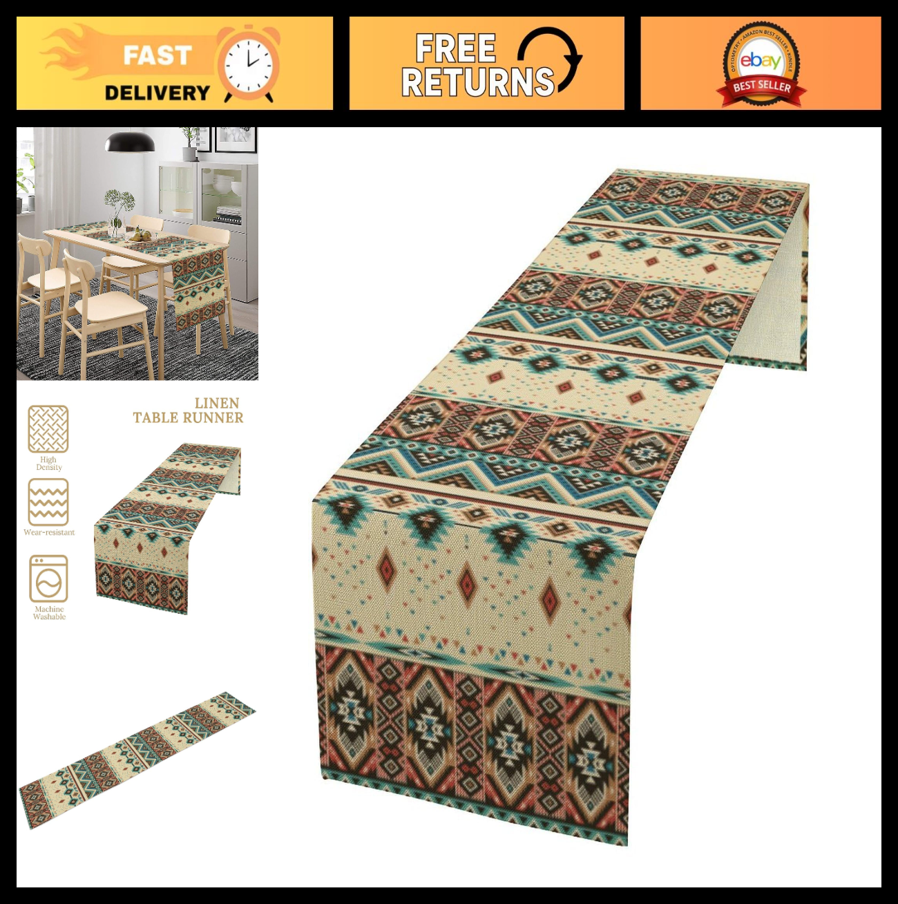 Southwest Ethnic Geometric Table Runner 13"x70" for Kitchen, Farmhouse, Holiday0