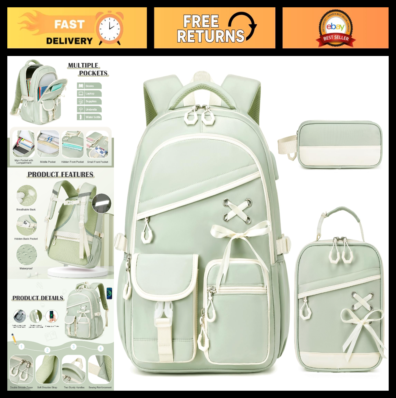 3PCS Girls School Backpack Set with Lunch Box & Pencil Pouch   Stylish & Durable0