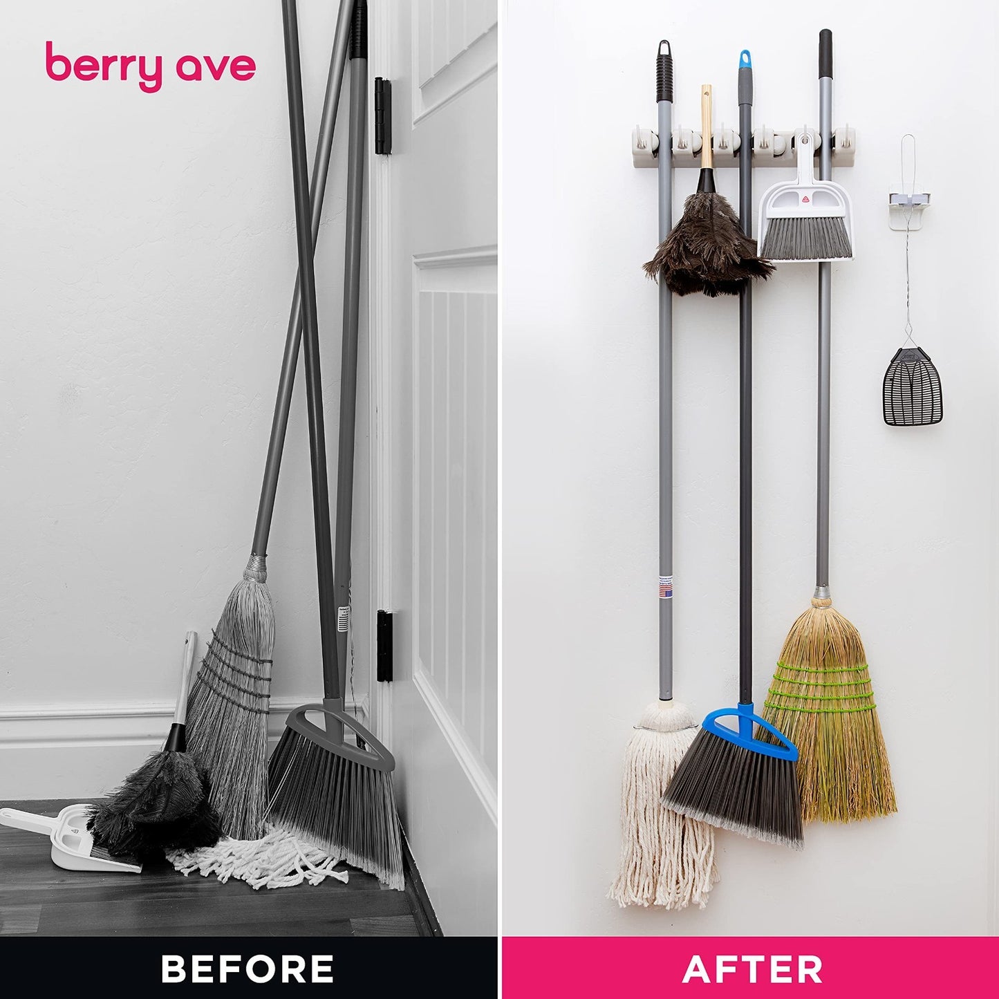 Wall Mounted Broom Holder & Mop Organizer Rack - 5 Slots, 6 Hooks for Garage, Ki5