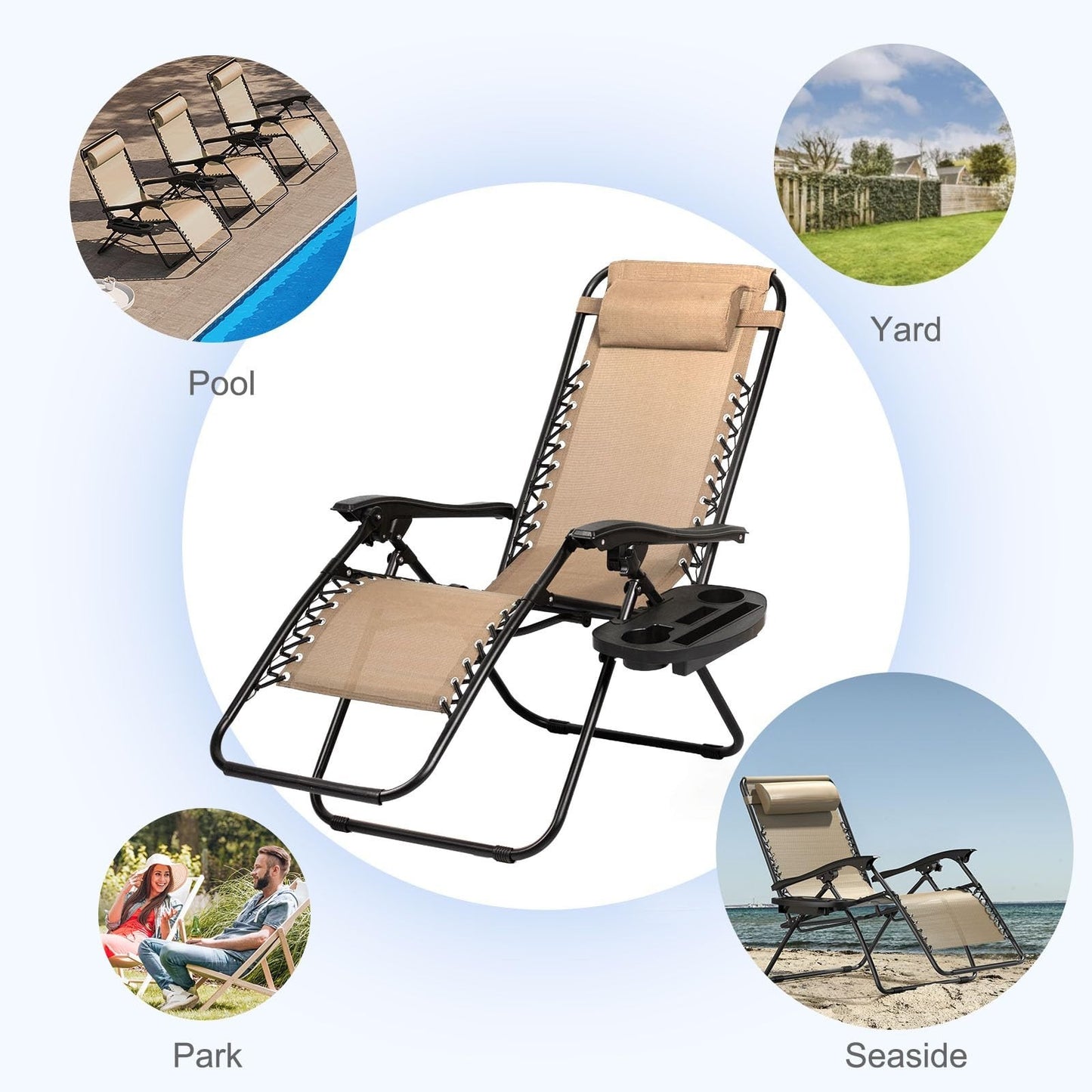 Set of 2 Adjustable Zero Gravity Lounge Chairs   Steel Mesh Patio Recliners with7