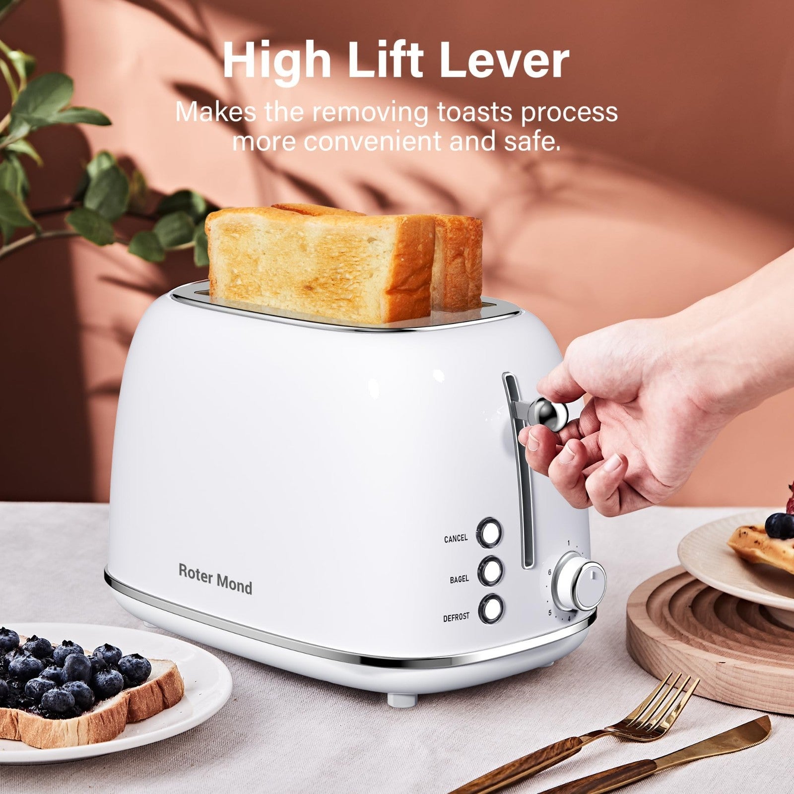 Retro Stainless Steel 2 Slice Toaster with Bagel, Cancel, Defrost, 6 Shade Setti6