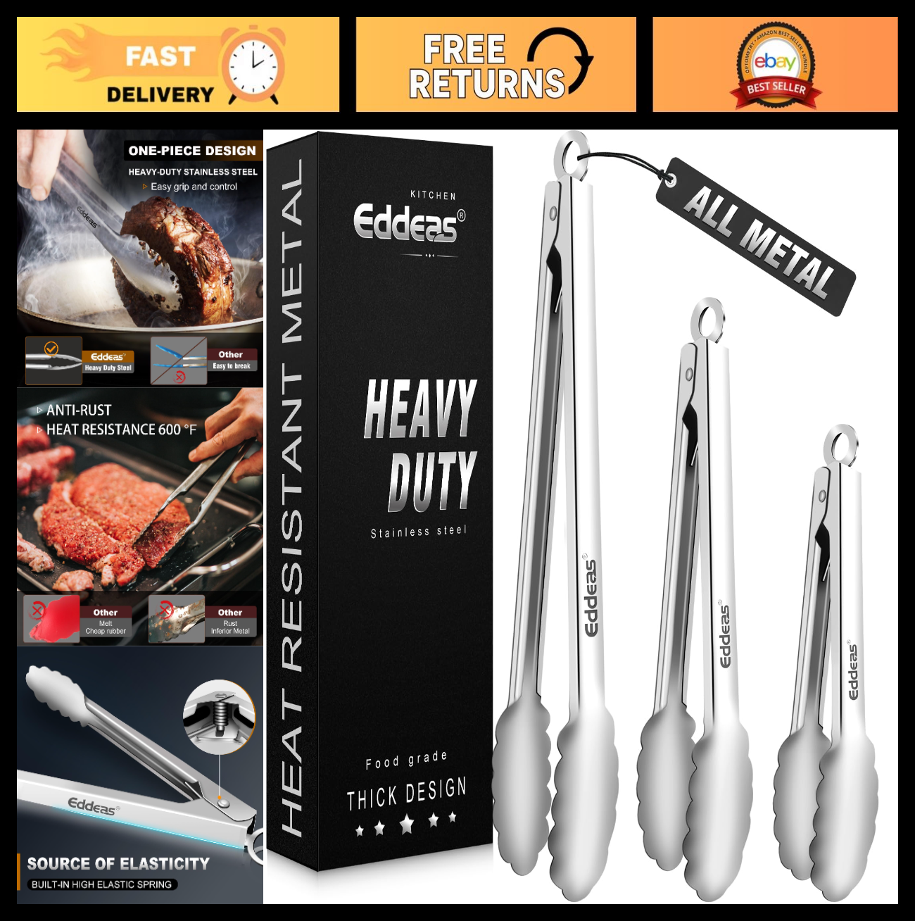 Heat Resistant Stainless Steel Cooking Tongs Set   3PCS, 9" & 12"   Non Slip, BB0