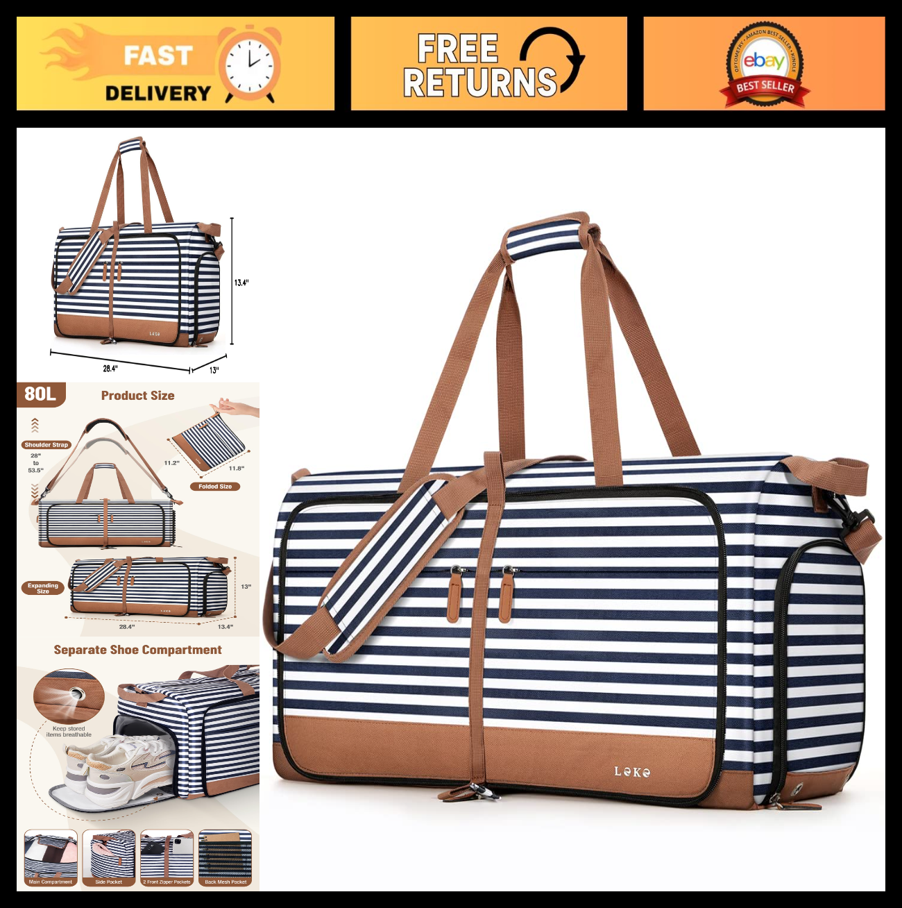 Large 80L Foldable Travel Duffle Bag for Women - Weekend, Hospital, Shoes Compar0