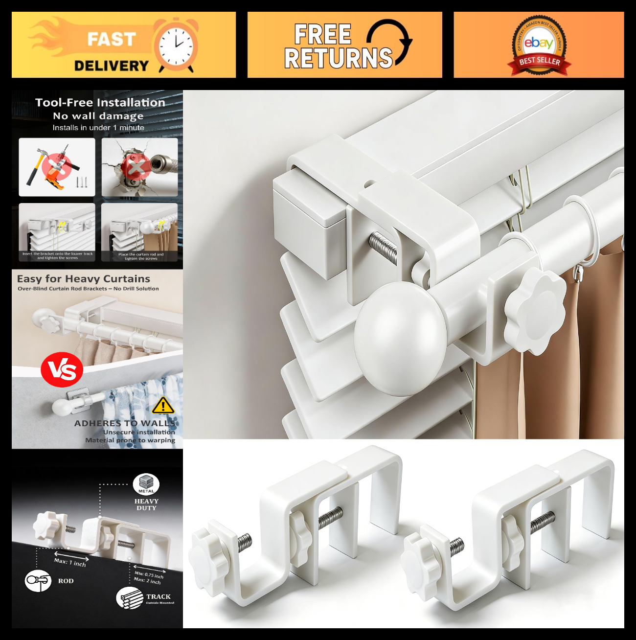 No Drill Curtain Rod Brackets for Outside-Mount Blinds, Tool-Free, Renter Friend0