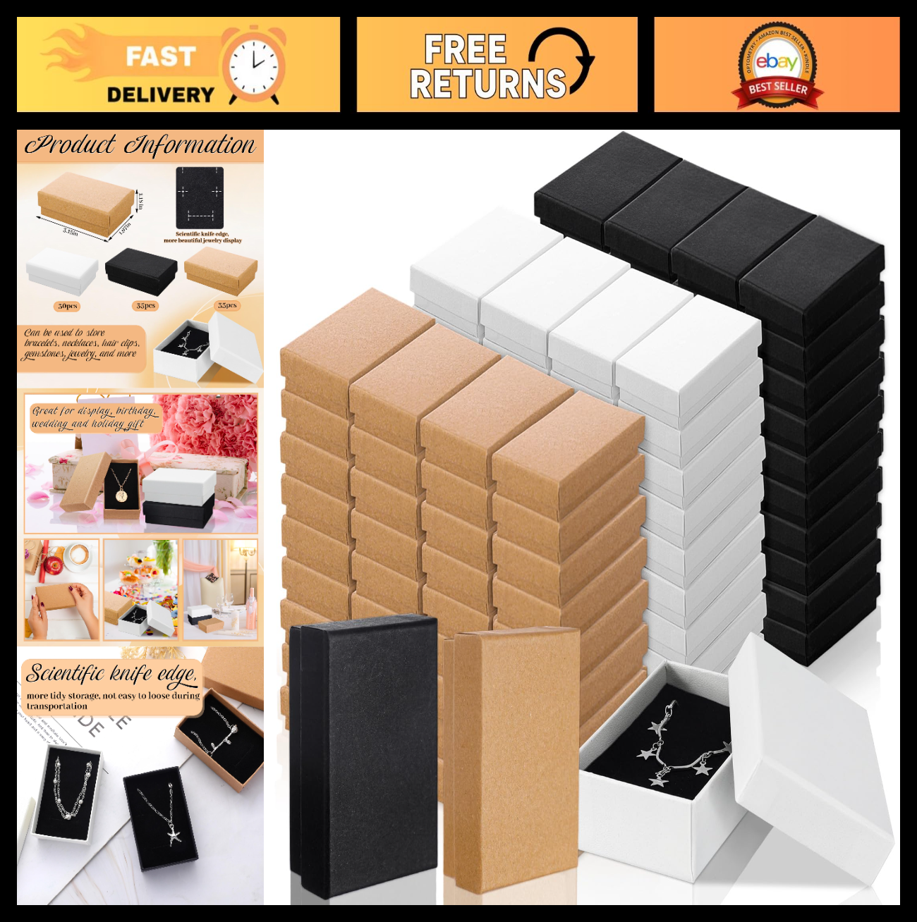 100 Pcs Kraft Jewelry Gift Boxes - Brown, White, Black | Necklace Earring Bracel0