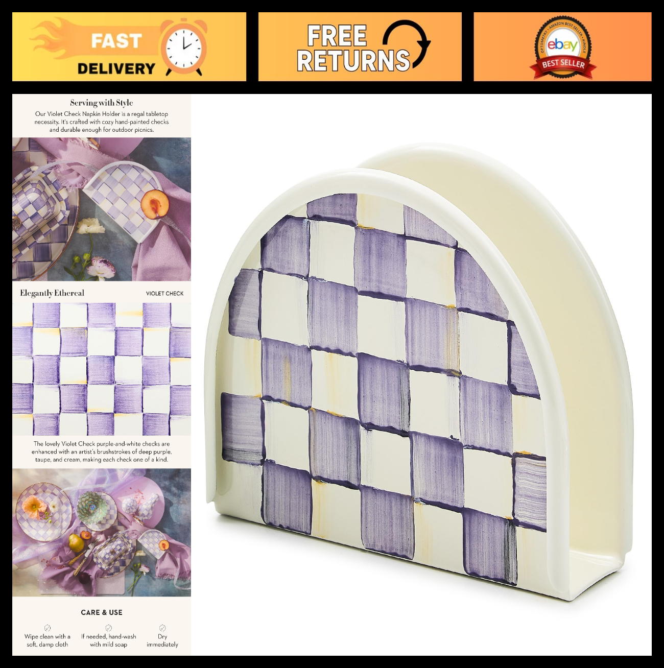 Enamel Napkin Holder for Kitchen - Stylish Purple & White Check Design, Table &0