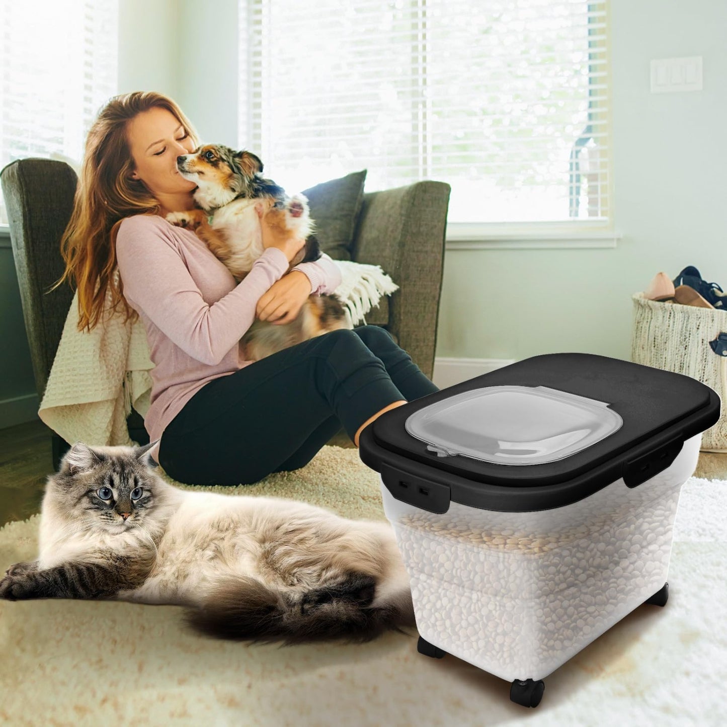 Collapsible Dog Food Storage Container 17 20 lb with Wheels, Airtight Lid & Scoo2