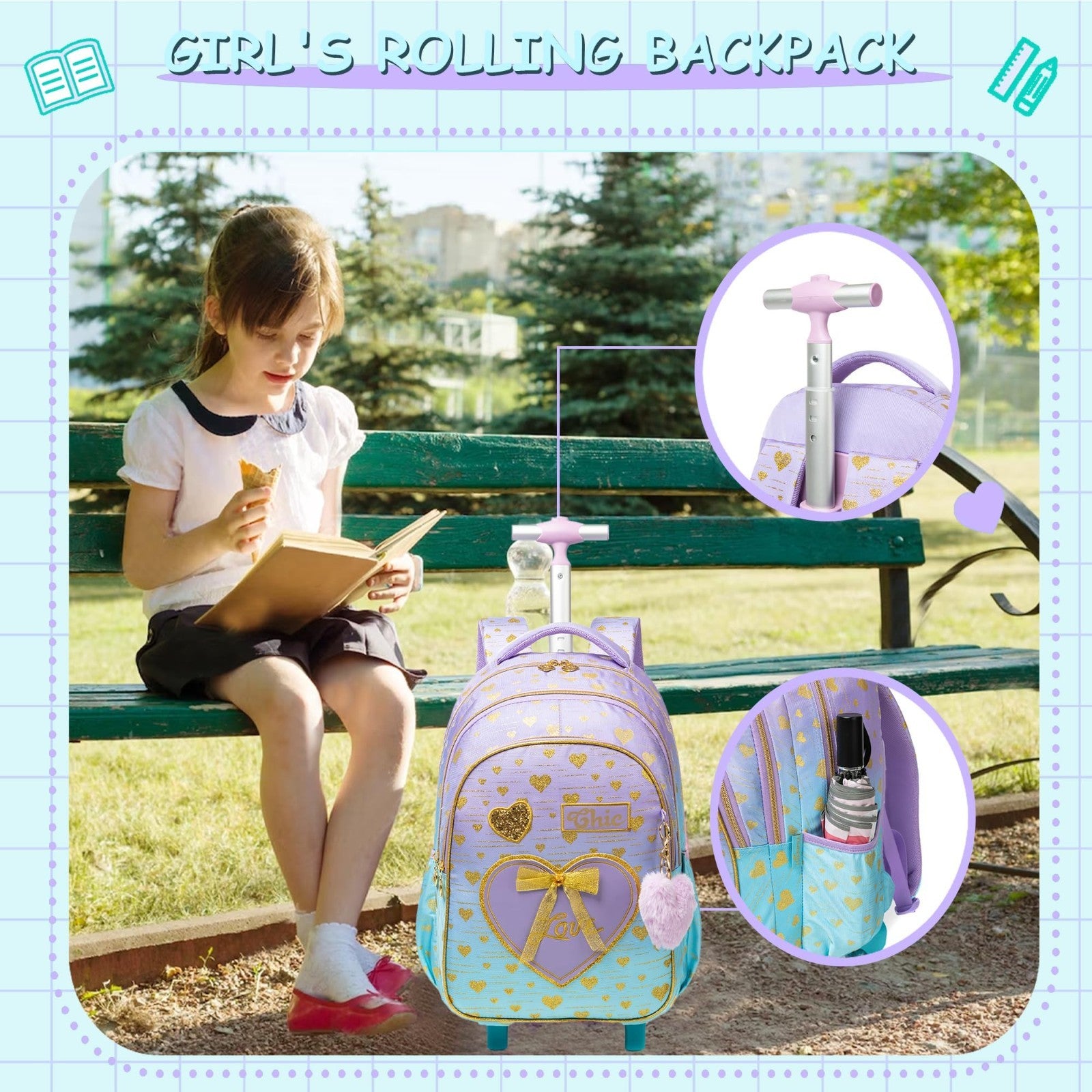 Girls Rolling Backpack with Wheels, Kids Travel Suitcase & Lunch Box, Ages 6 85