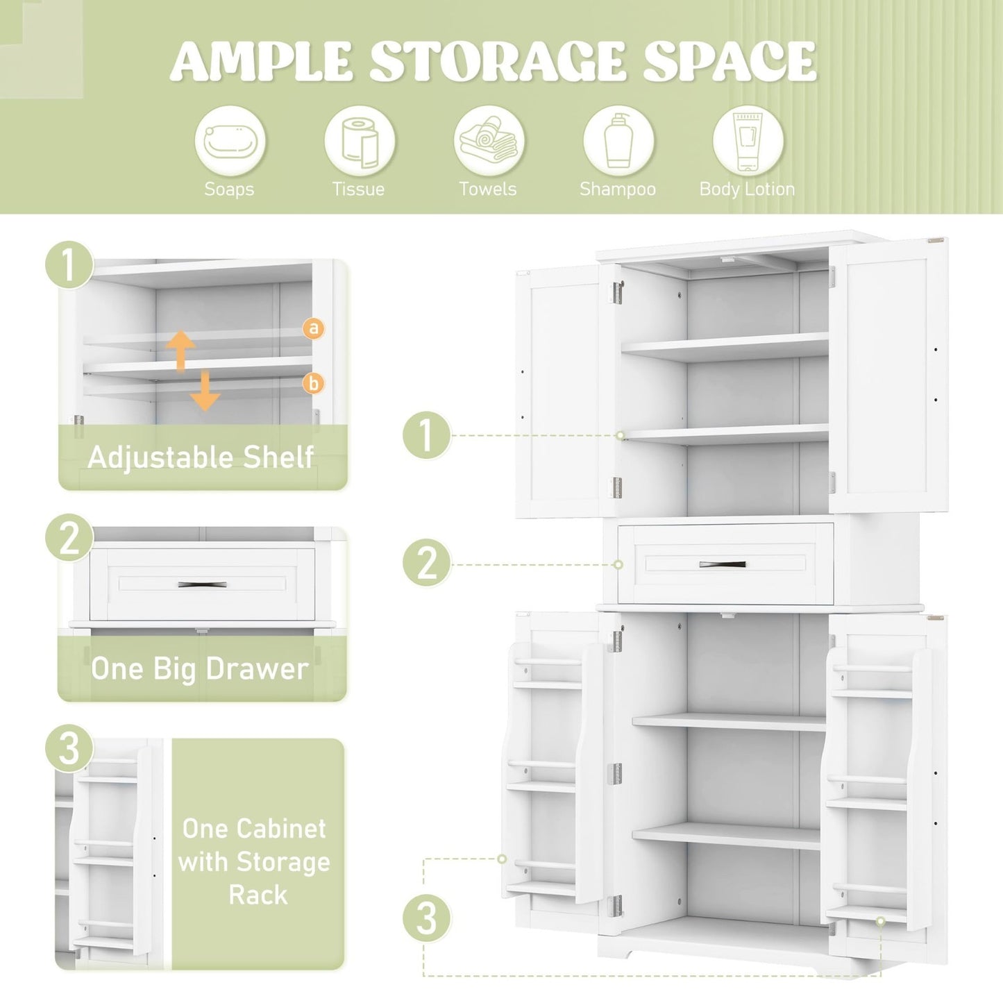 72" Tall Storage Cabinet - Kitchen Pantry with Adjustable Shelves & Slide Drawer3