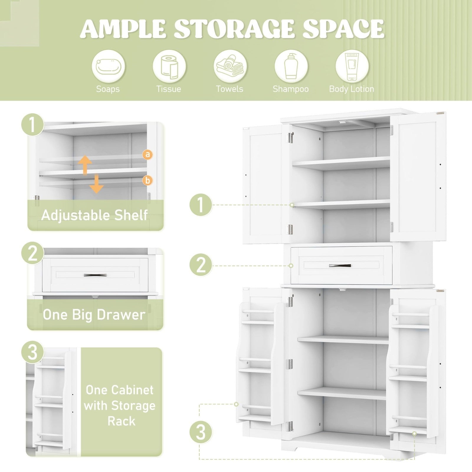 72" Tall Storage Cabinet - Kitchen Pantry with Adjustable Shelves & Slide Drawer3