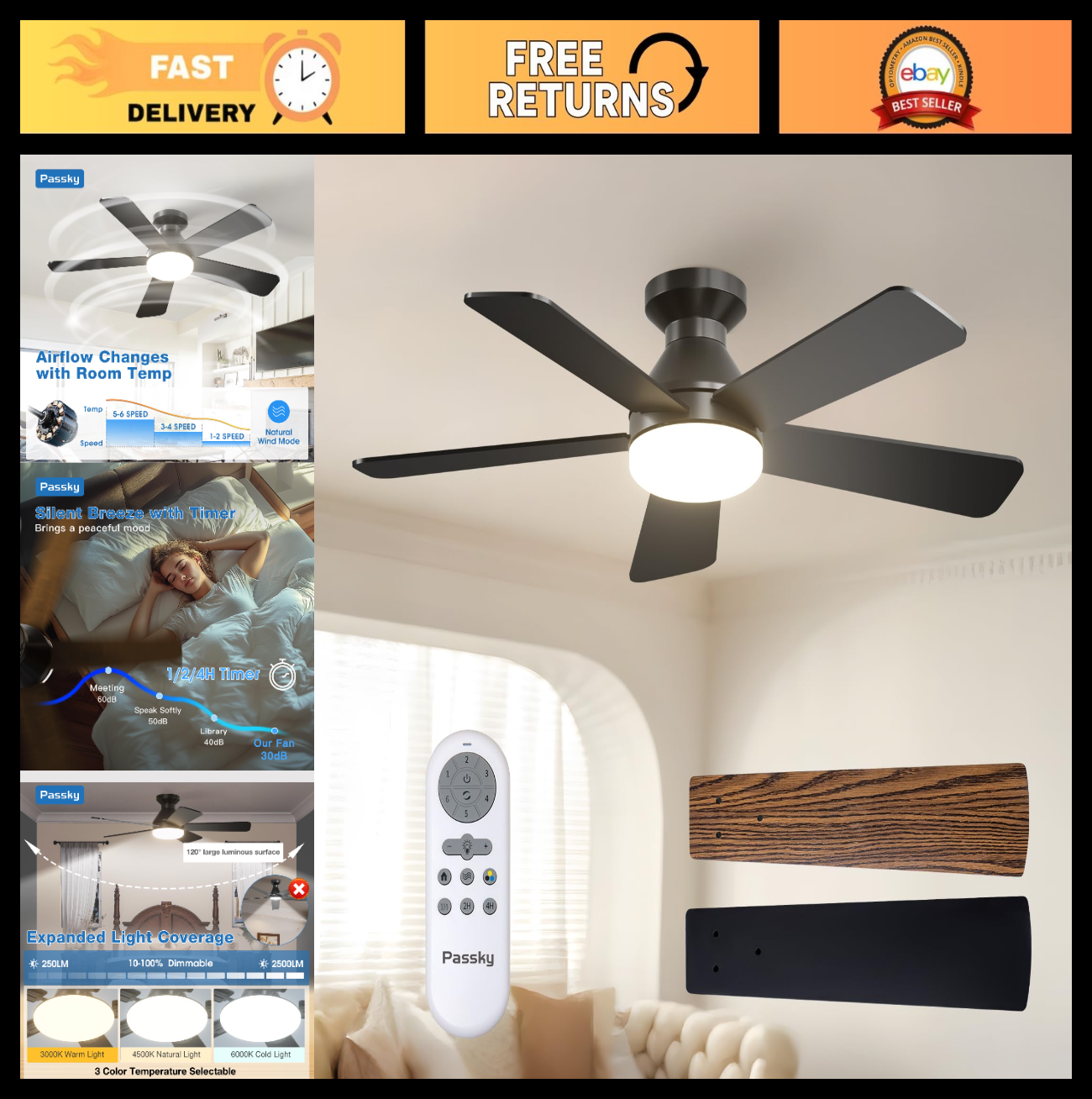 42" Black Low Profile Ceiling Fan with Lights & Remote | Dimmable, Quiet DC Moto0