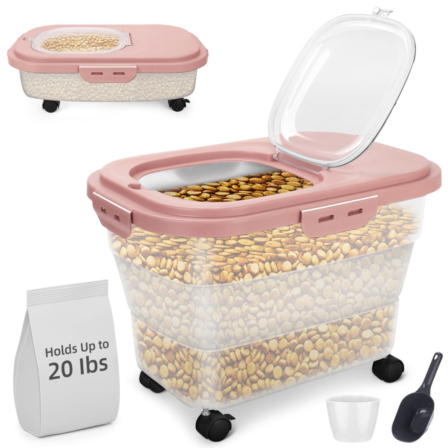 Collapsible Airtight Pet Food Container 17-20 lb with Wheels, Scoop & Cup - Red1