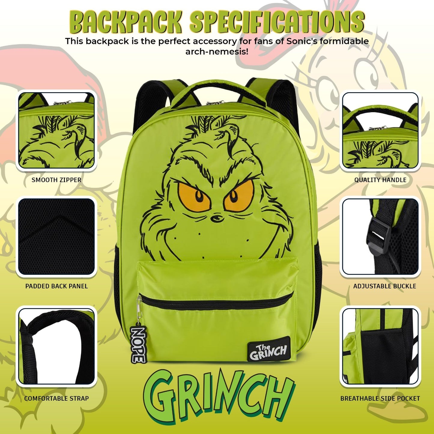 Grinch Backpack for Kids   16” Bookbag with Big Face & Molded Dangle, Green4