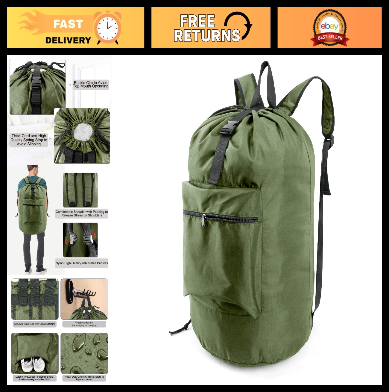 Moss Green Laundry Backpack Bag - Adjustable Straps, Portable Hamper, XLarge Rip0