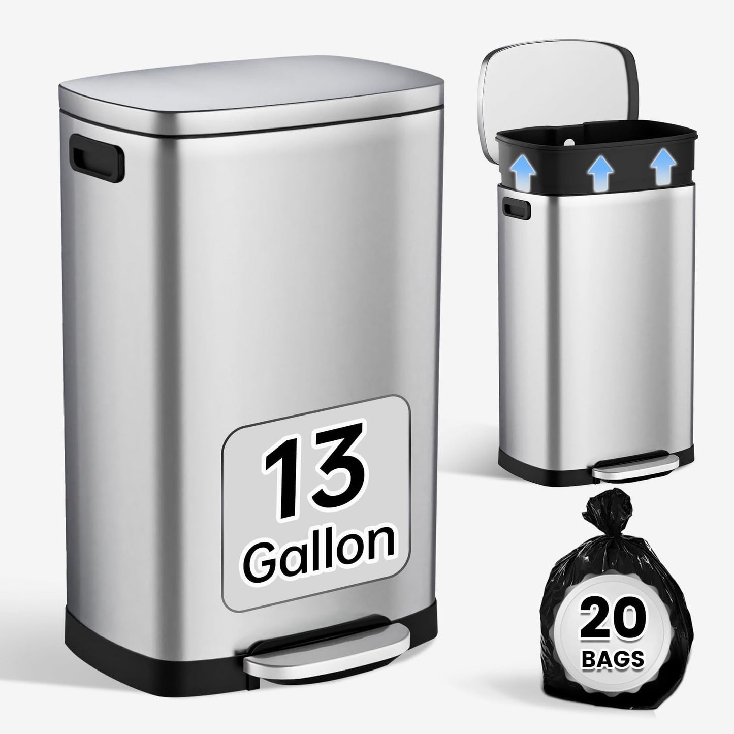 Stainless Steel 13 Gal Kitchen Trash Can with Soft Close Lid, Pedal & Removable1