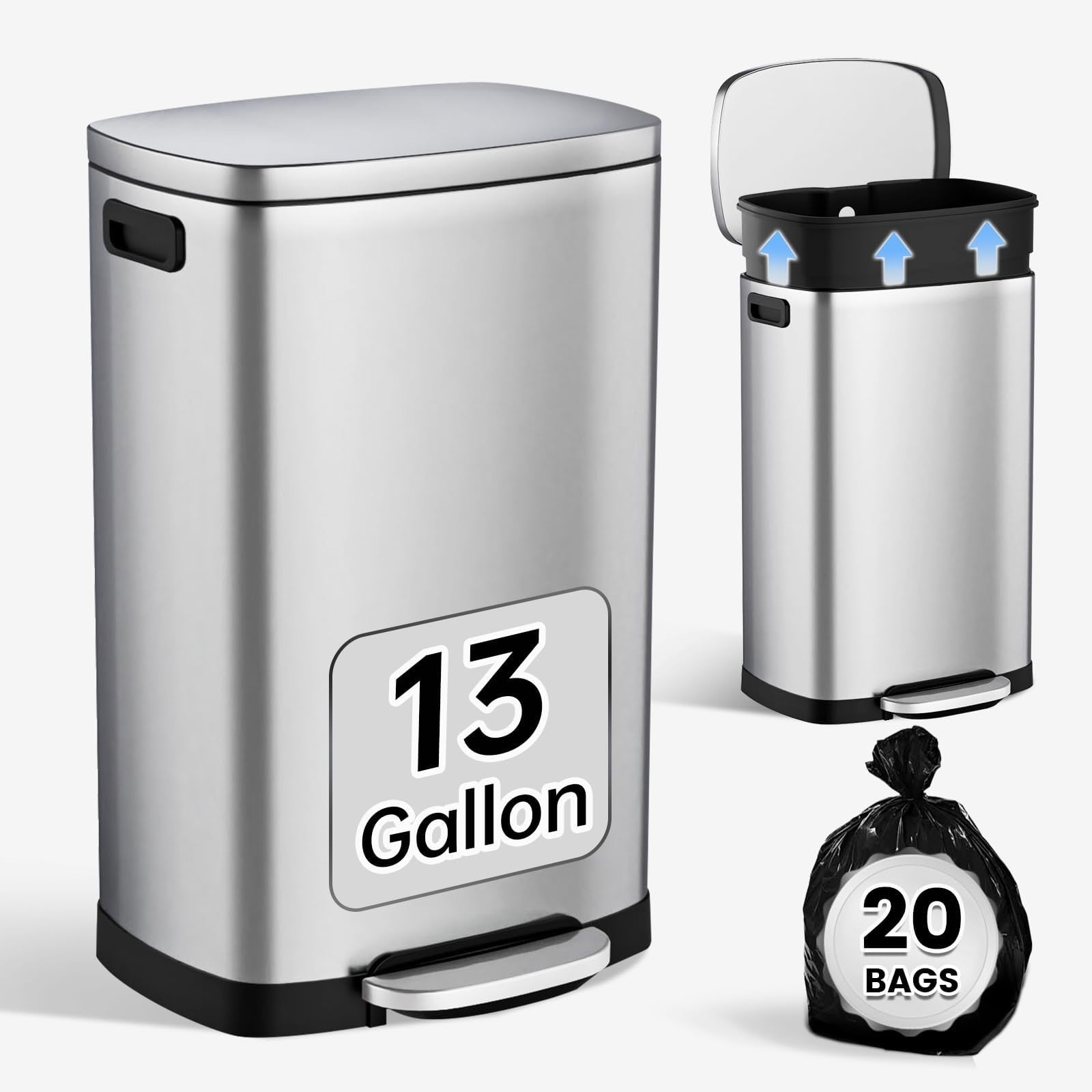 Stainless Steel 13 Gal Kitchen Trash Can with Soft Close Lid, Pedal & Removable1