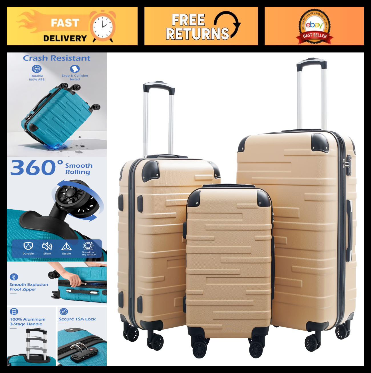 3-Piece Hardside Luggage Set - Scratch-Resistant, TSA Lock, 360° Spinner Wheels0