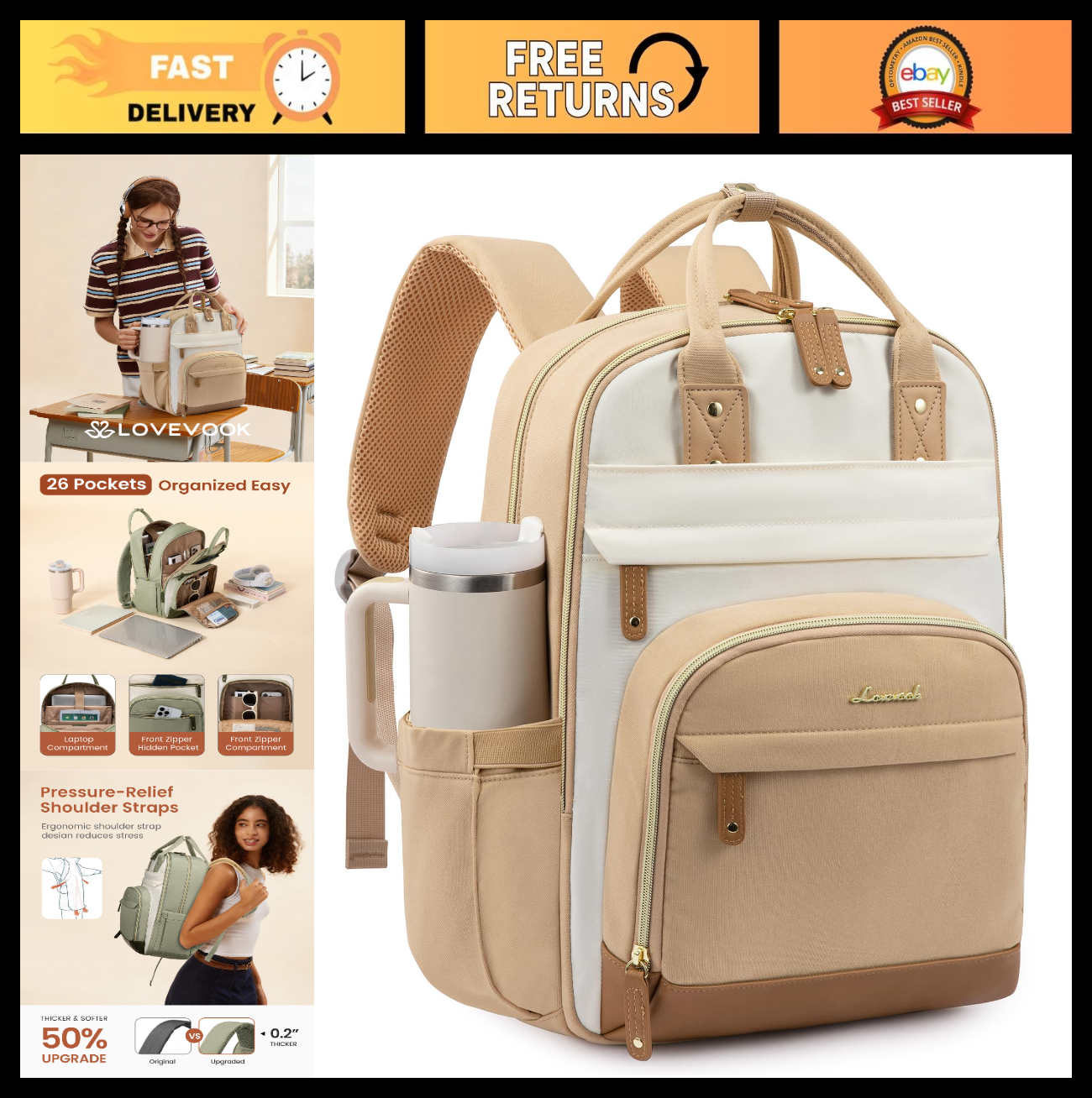 Stylish 15.6" Laptop Backpack for Women, Tumbler Holder, Work & Travel Bag, Cute0