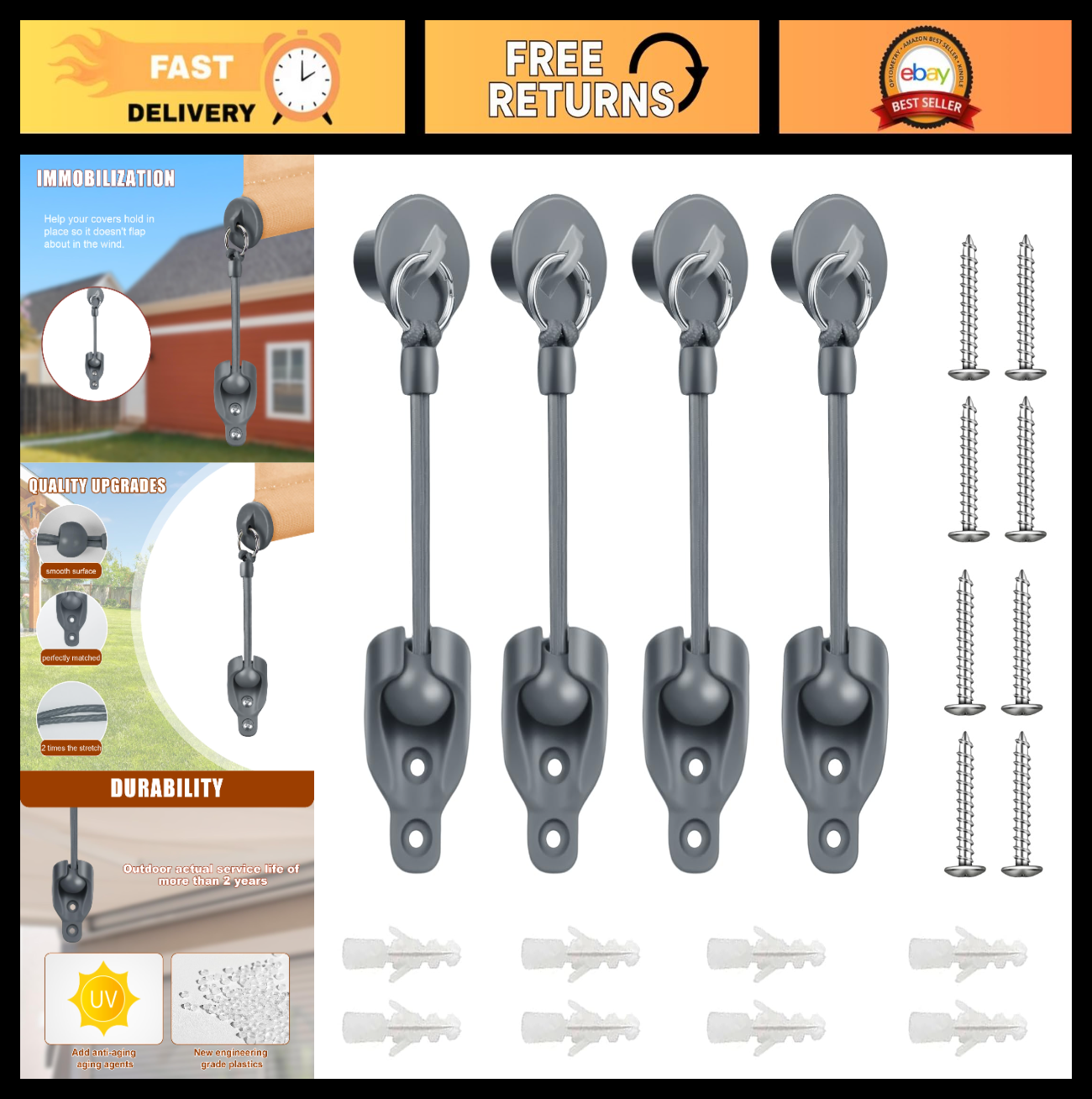 Outdoor Roller Shade Replacement Hardware Kit - Bungee & End Cap Tie Downs (2, G0