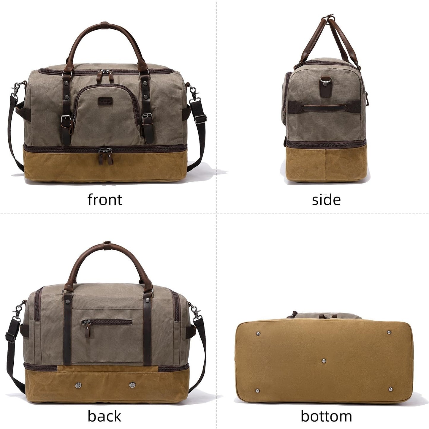 Large Green Weekender Duffel Bag with Shoe Compartment & Leather Accents7