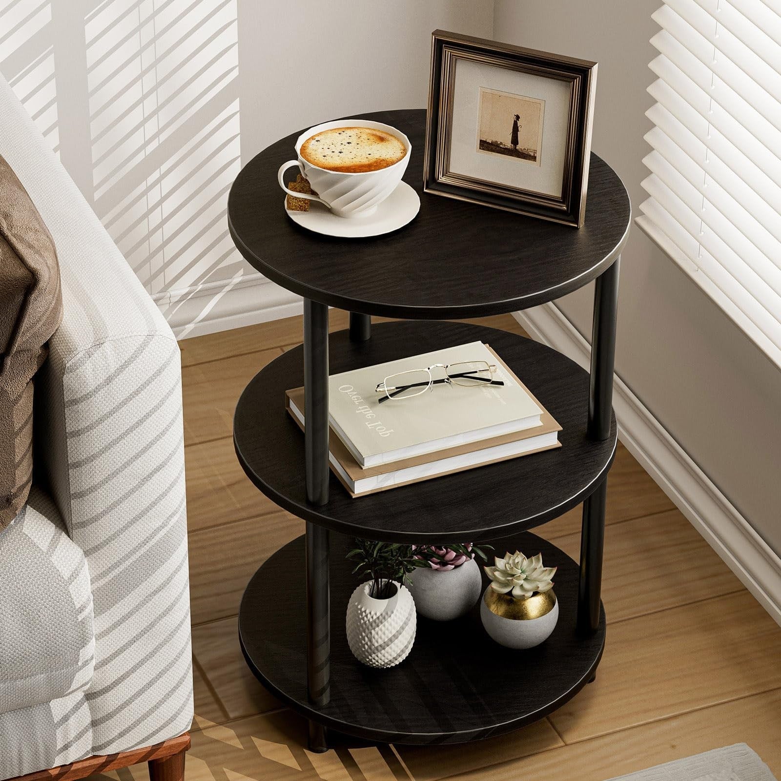 Round Coffee Table - Industrial Vintage Nightstand for Living Room, Bedroom & Sm1