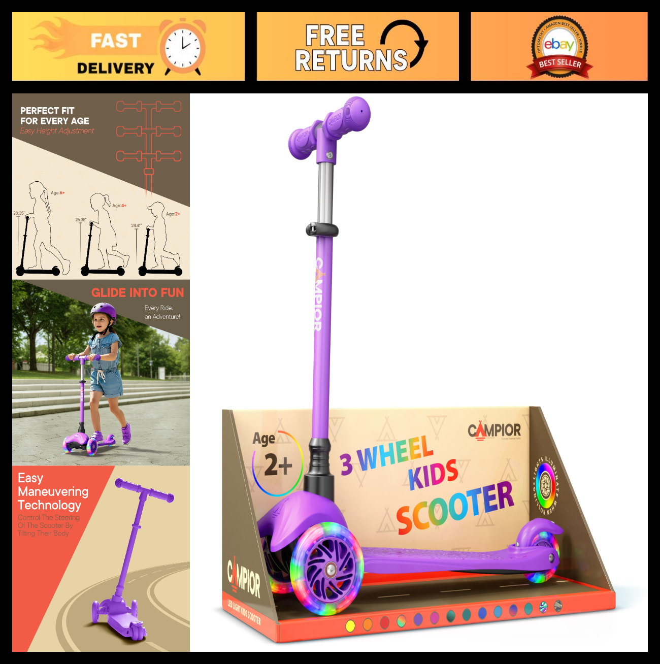 Mini 3-Wheel Scooter for Kids - LED Light-Up Wheels, Adjustable Handlebar, Anti-0