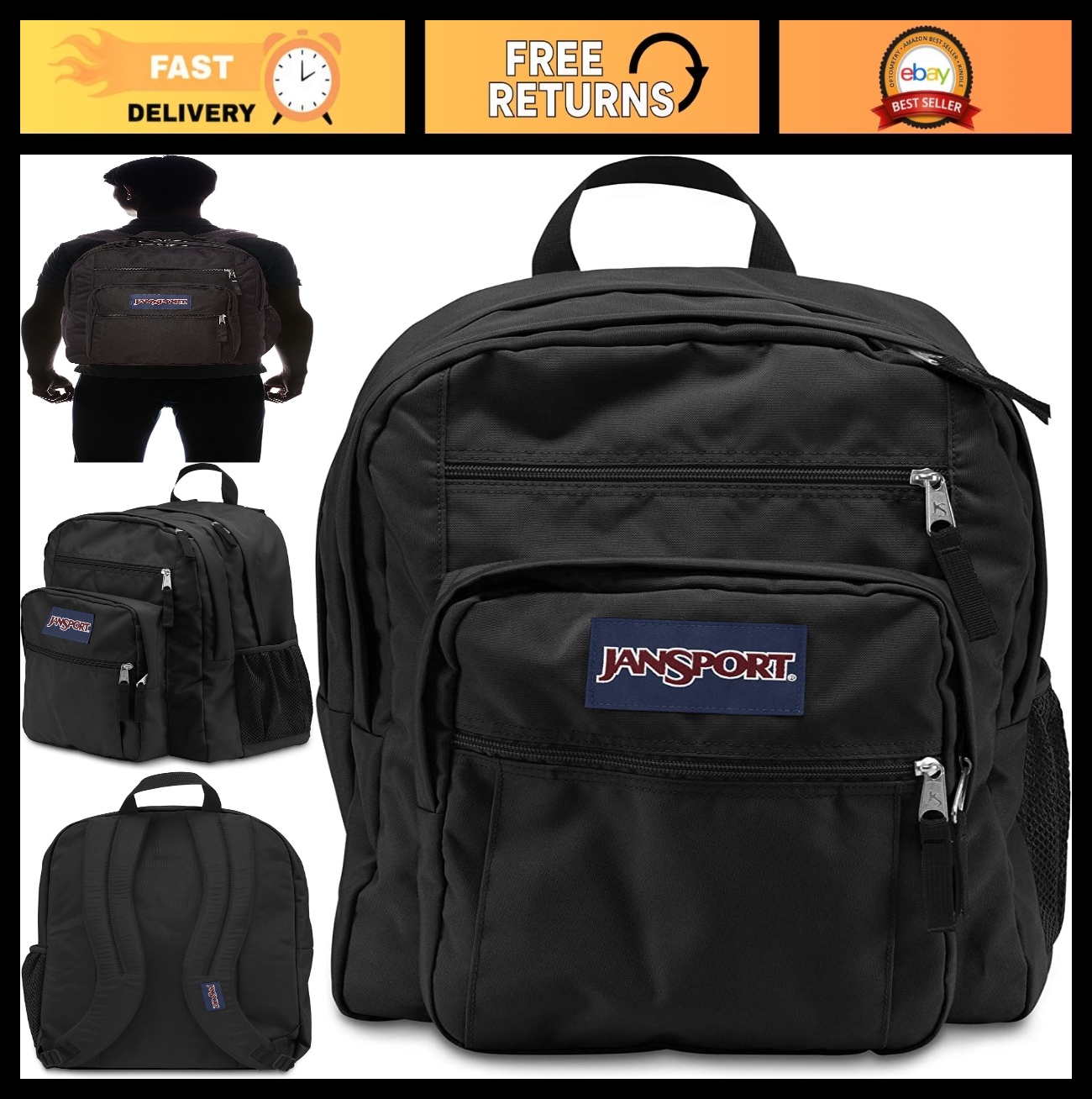 Large Capacity Black Backpack for Students   Durable, Stylish, Multi Compartment0