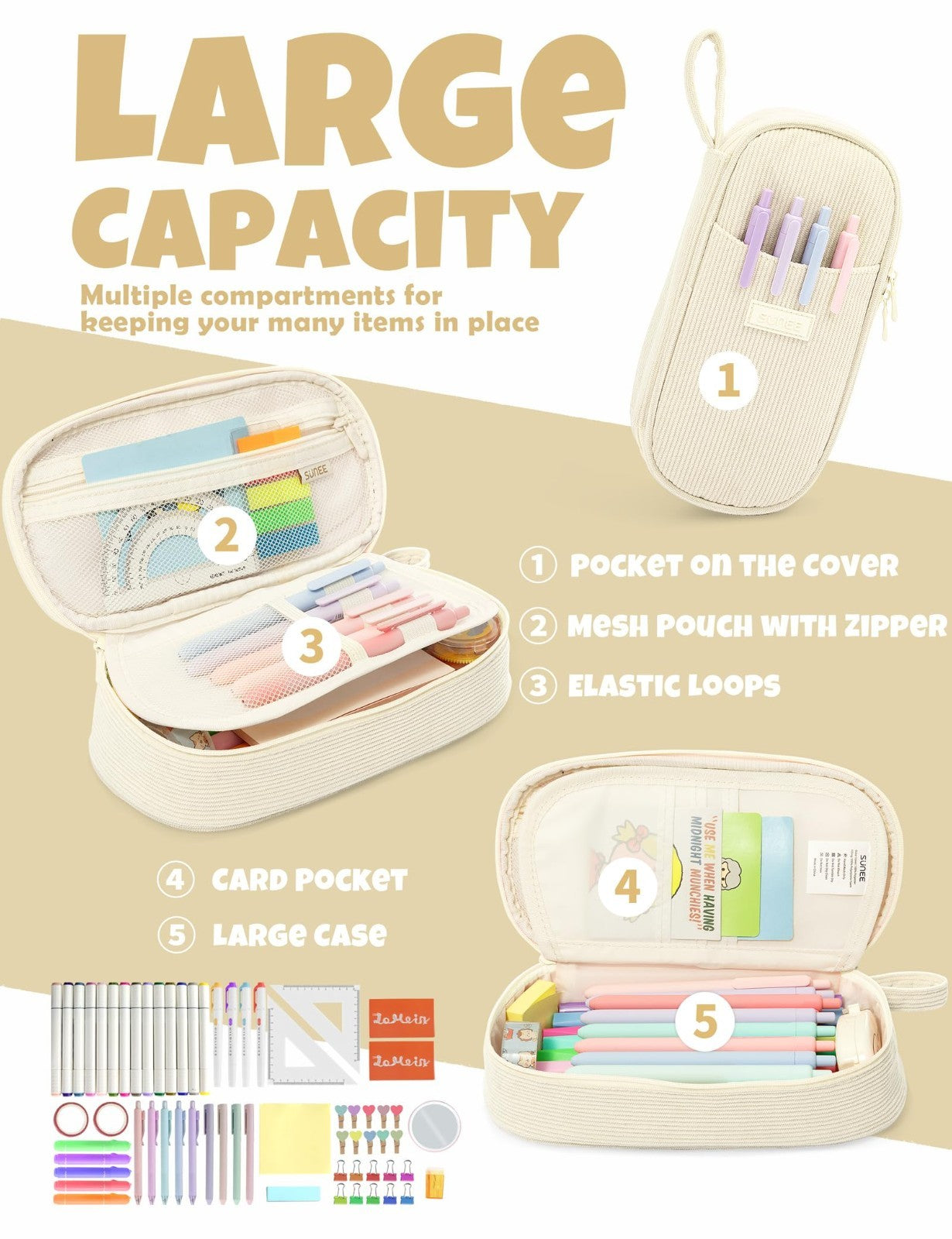 Cute Large Pencil Case Pouch   Aesthetic Zipper Bag, Kawaii Stationery Organizer3